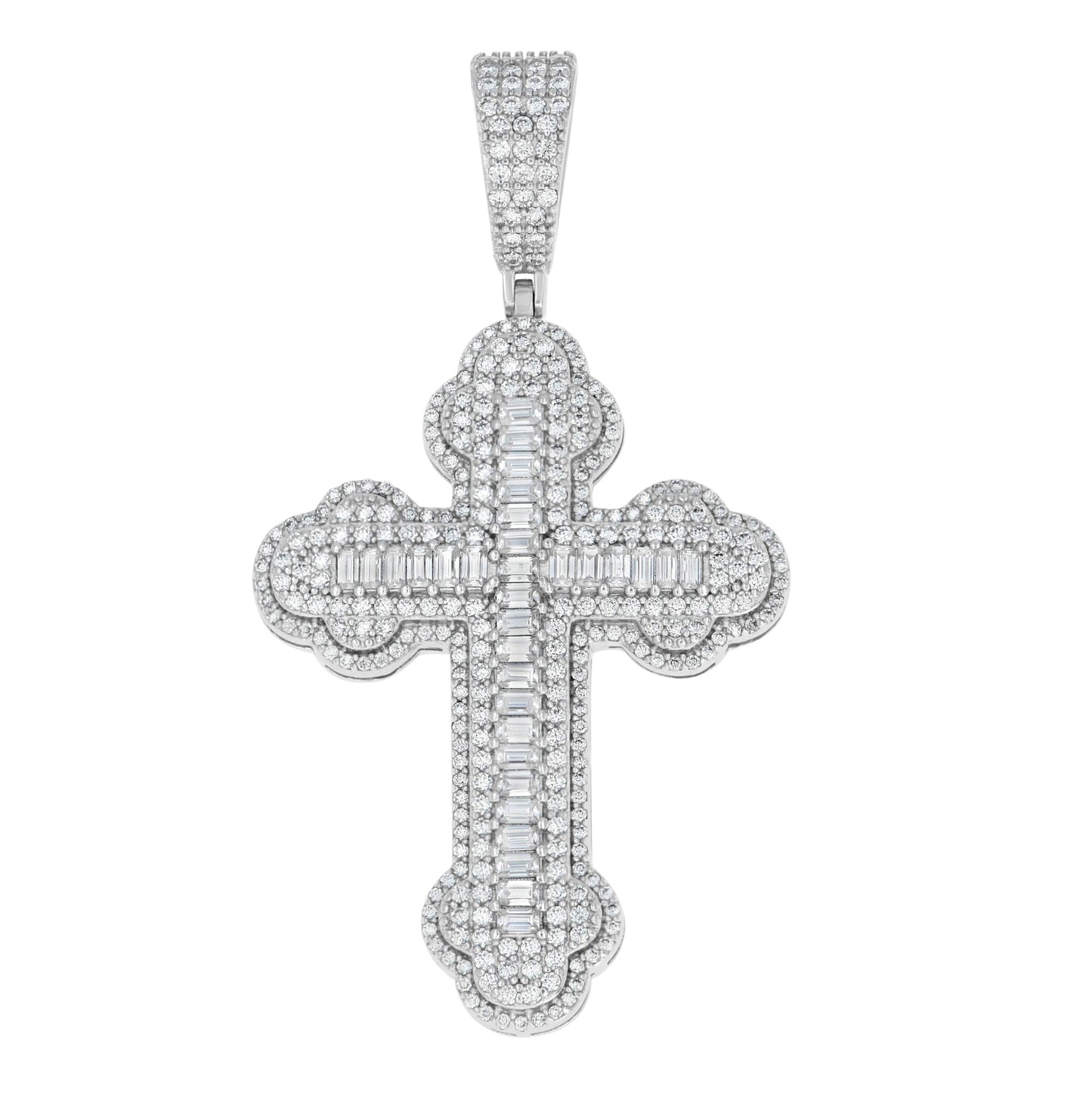 Sterling Silver Mens Round 2.1 Cttw, Baguette 1.69 Cttw Moissanite Cross Religious Pendant