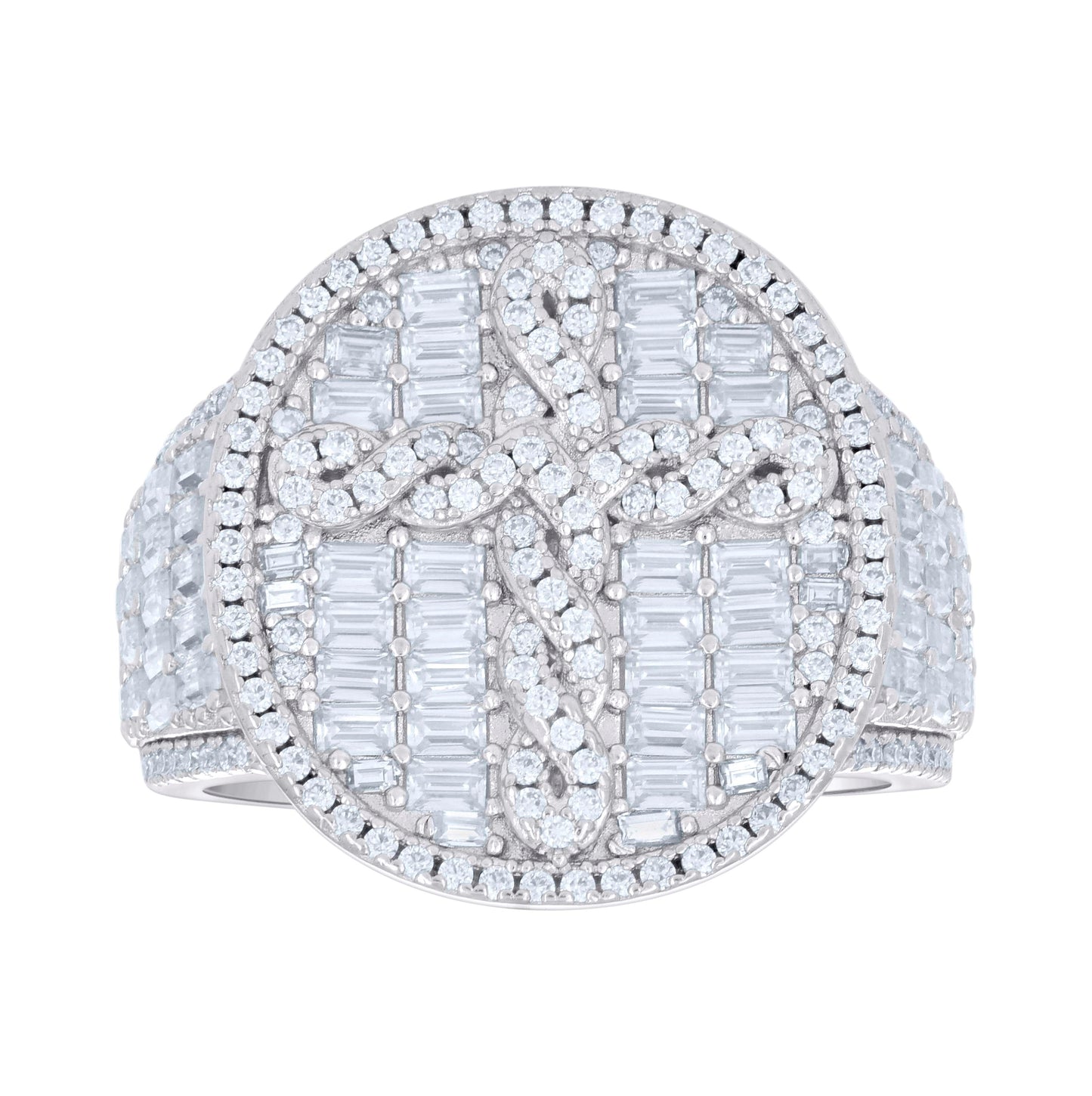 Sterling Silver Mens 0.76ct Round 2.9ct Baguette Moissanite Cross Religious Bridal Anniversary Wedding Engagement Band Ring