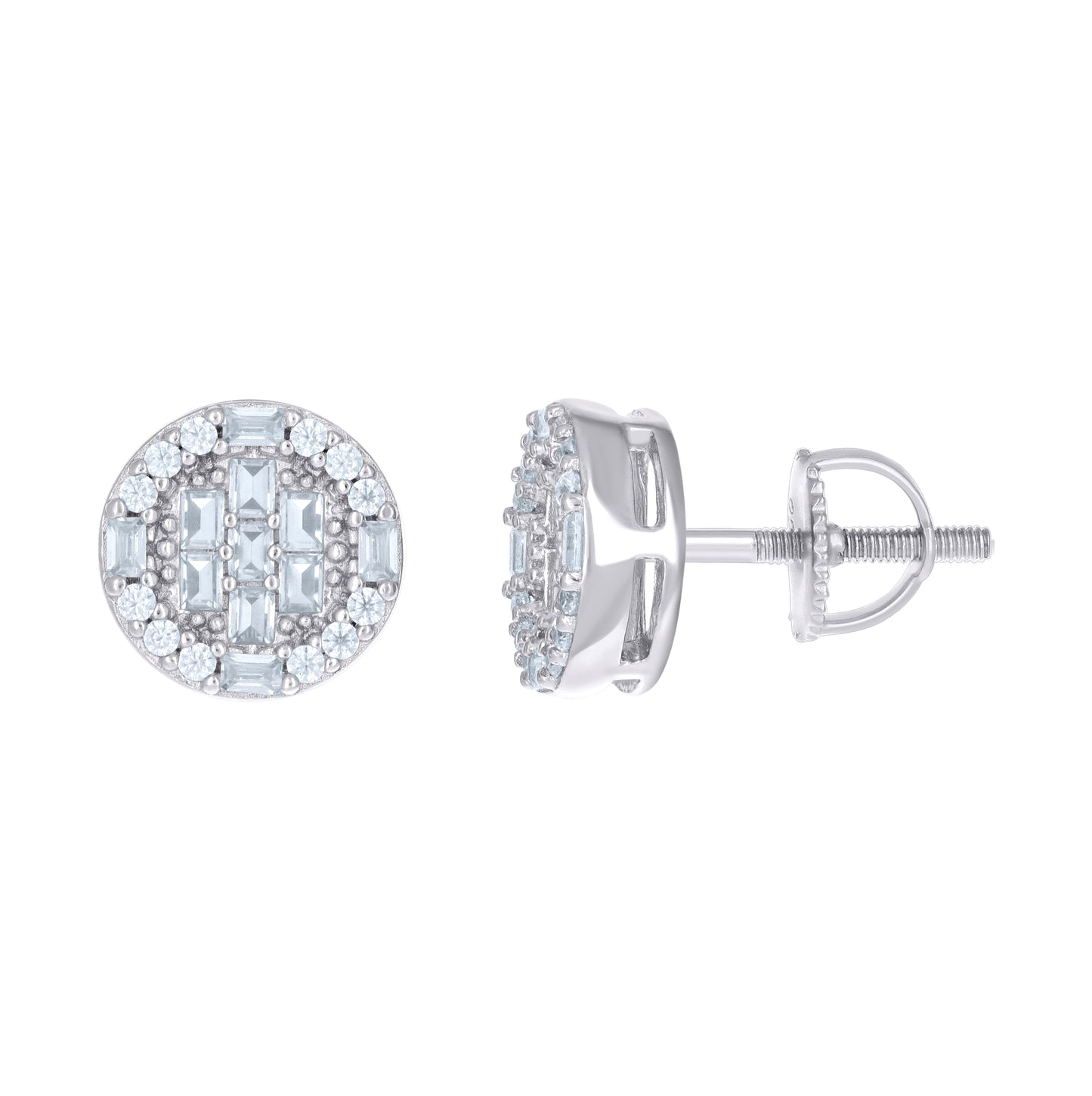 Sterling Silver Women Baguette Round Cubic-Zirconia Round Fashion Stud Earrings