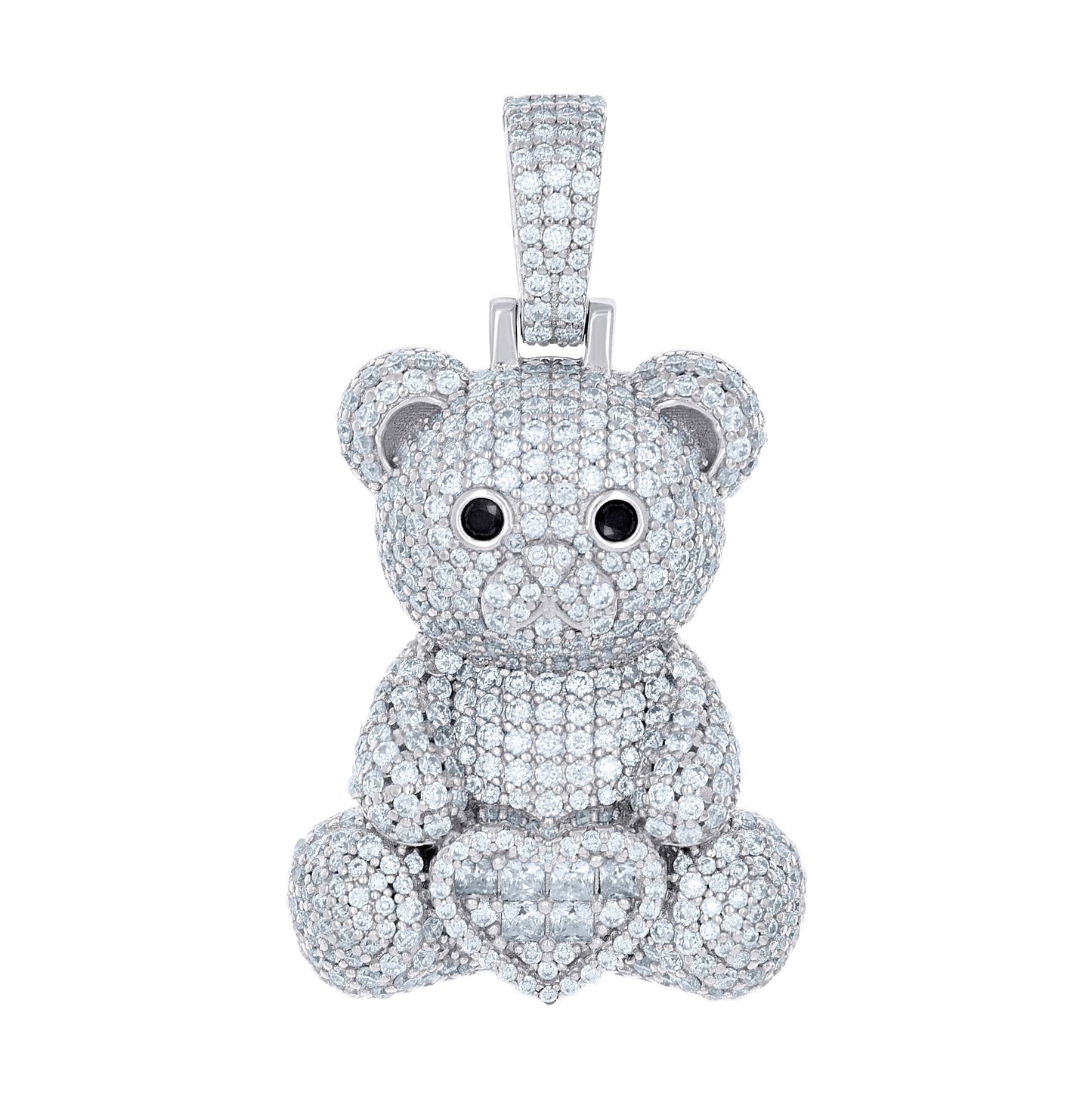 Sterling Silver Women Black White Cubic-Zirconia Teddy Bear Heart Charm Pendant