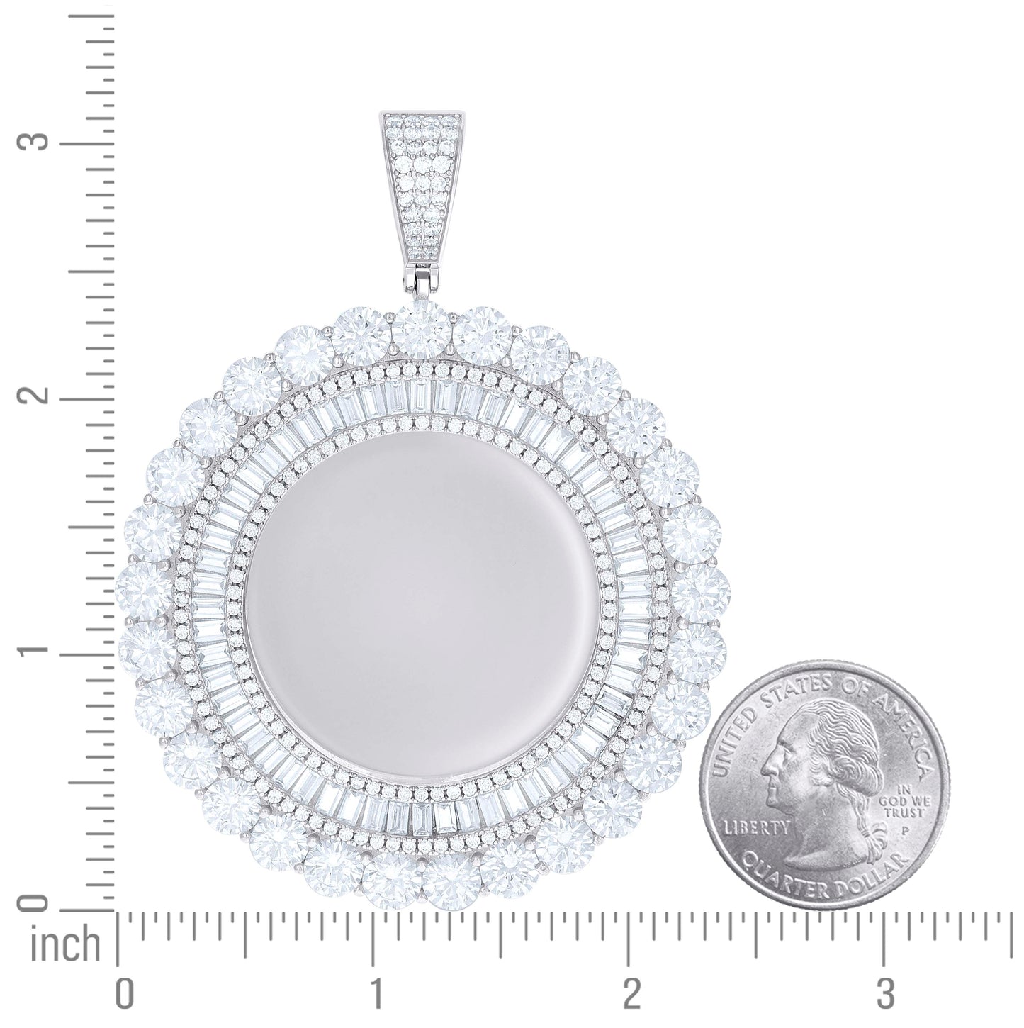 Sterling Silver Unisex Round Baguette Cubic-Zirconia Memory Circle Photo Frame Charm Pendant