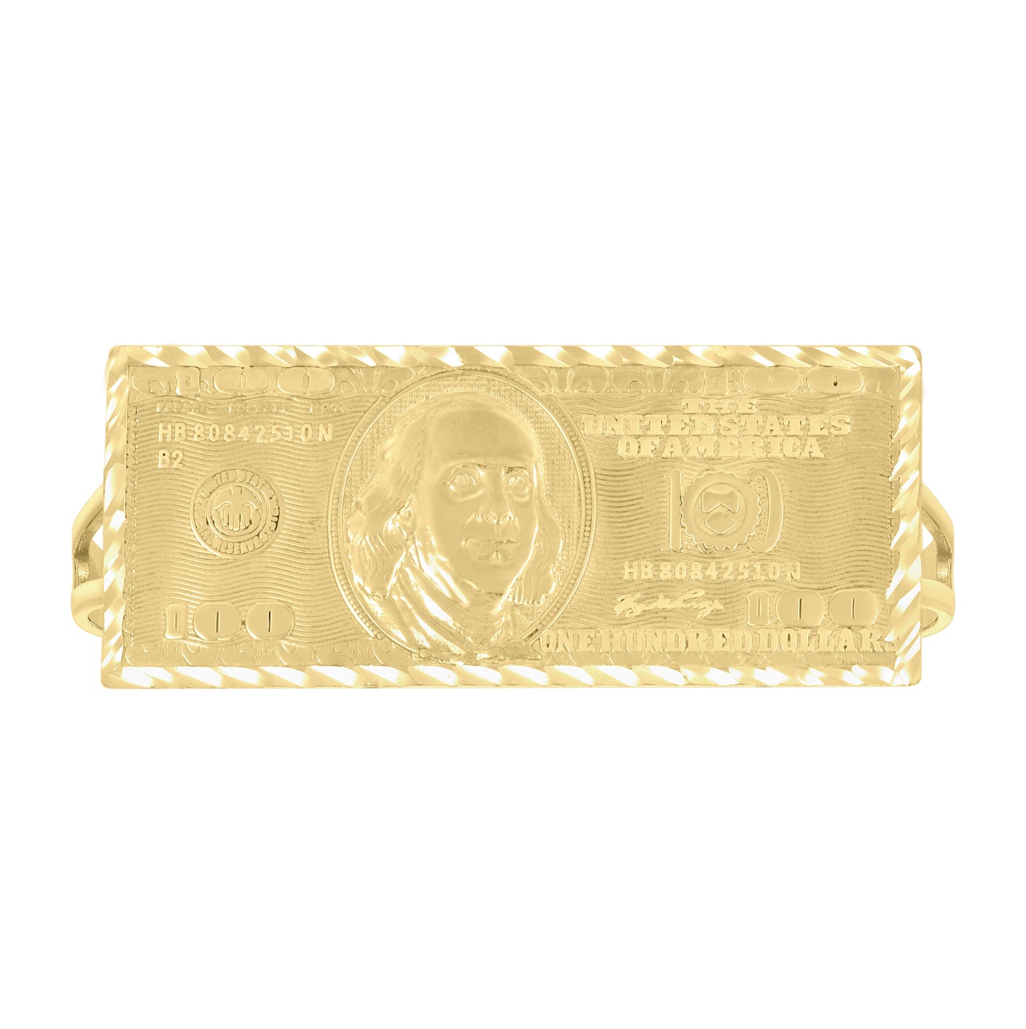 10K Yellow Gold Mens Two Finger 100 Dollar Bill Currency Ring