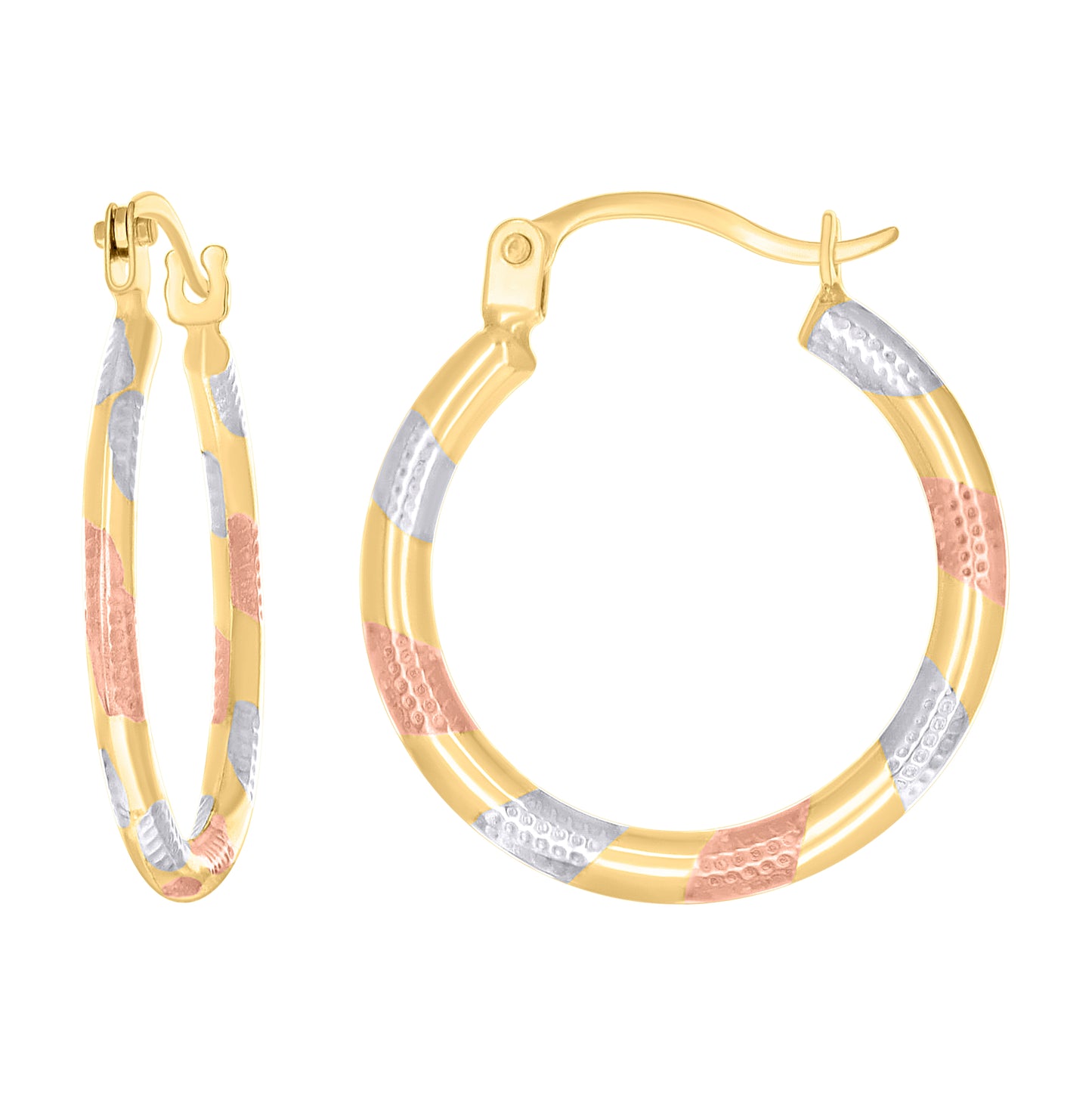 14K Tri-Color Gold Womens Patterned Round Tube Hoop Earrings