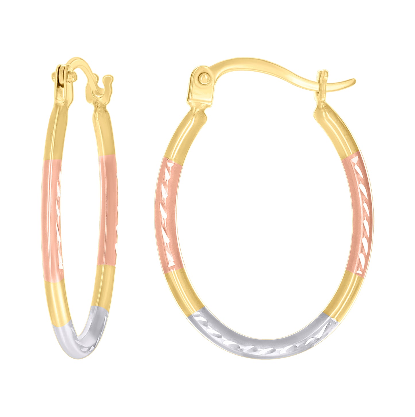 14K Tri-Color Gold Womens Patterned Round Fashion Hoop Earrings