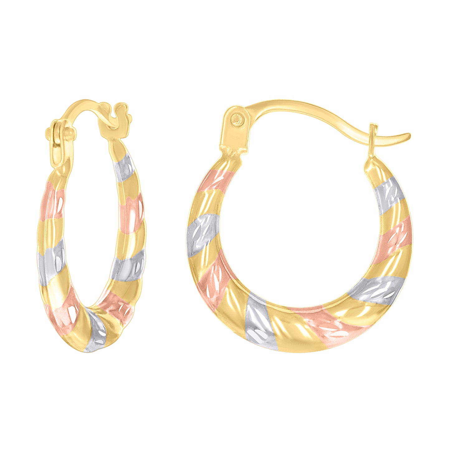 14K Tri-Color Gold Womens Patterned Round Fashion Hoop Earrings