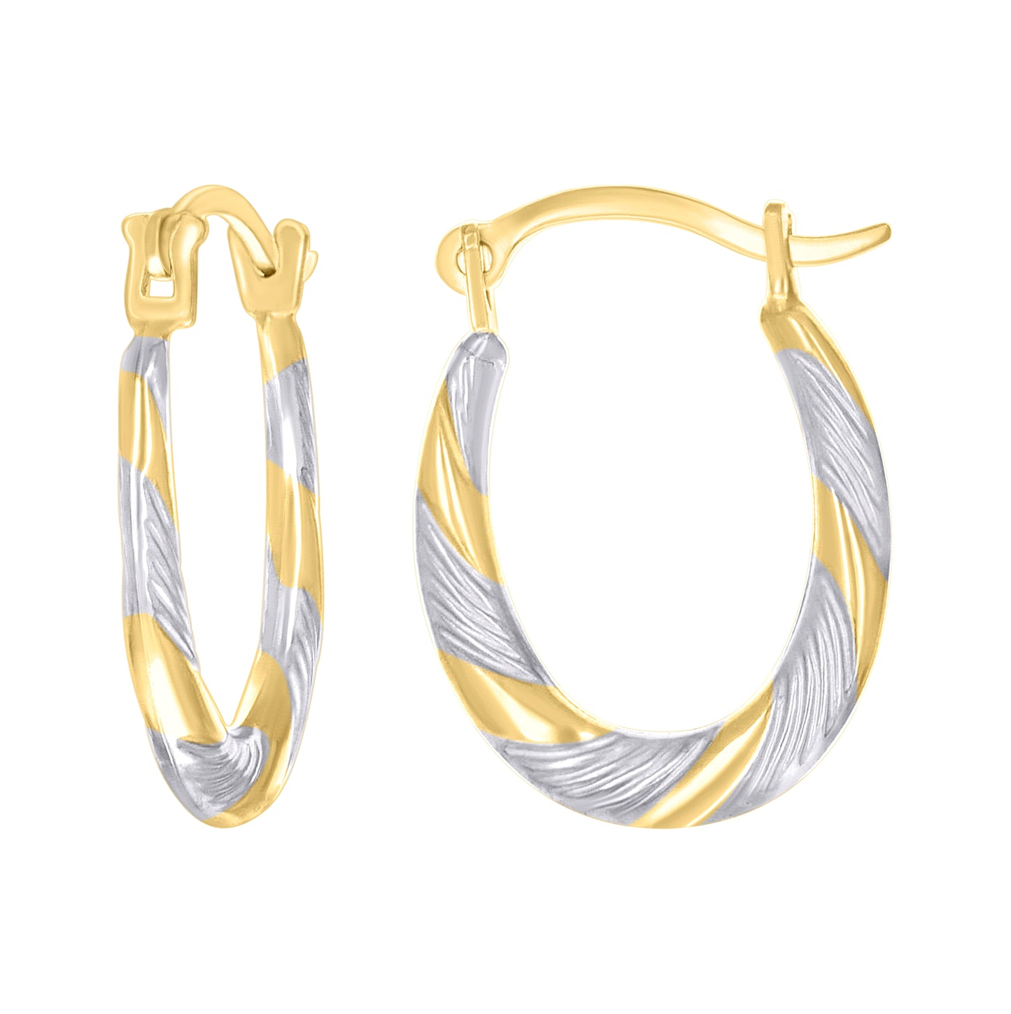 14K Two-tone Gold Womens Patterned Oval Hoop Earrings