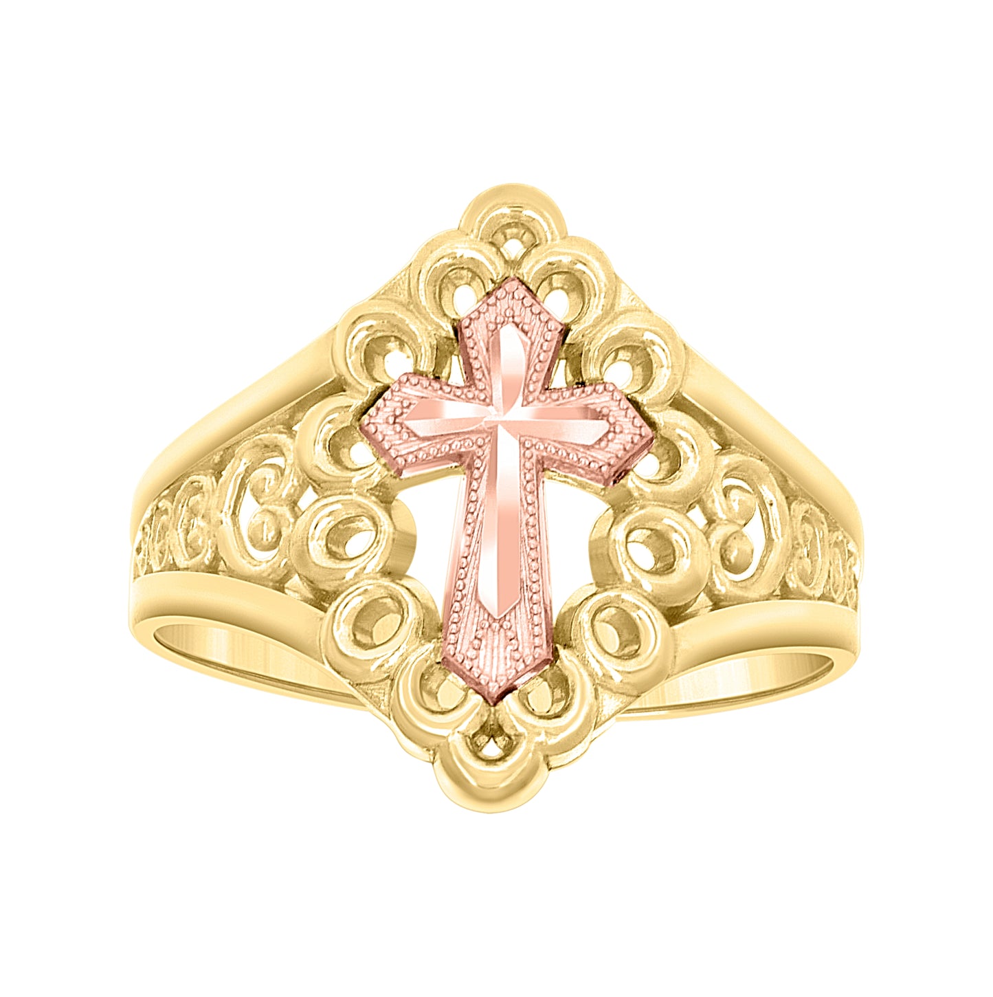 10K Two-tone Gold Womens Cross Religious Ring