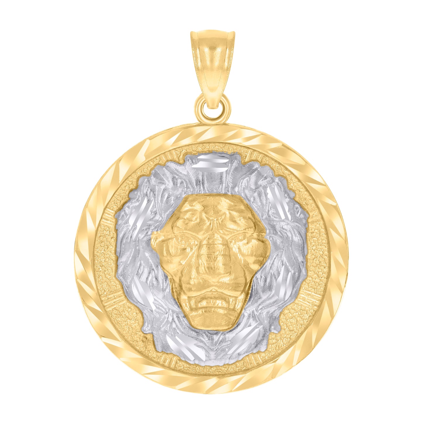 14K Two-tone Gold Mens Lion Head Animal Wildlife Pendant