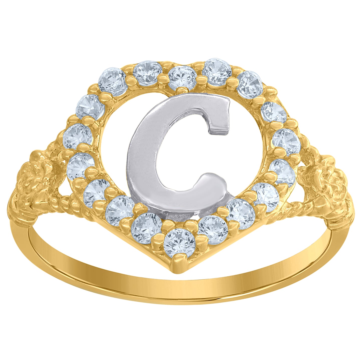 10K Two-Tone Gold Womens Cubic Zirconia Polished Finish Heart Shape Letter Initial Bridal Anniversary Engagement Wedding Ring