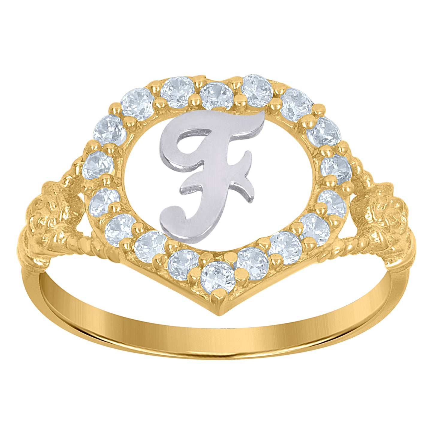 10K Two-Tone Gold Womens Cubic Zirconia Polished Finish Heart Shape Letter Initial Bridal Anniversary Engagement Wedding Ring