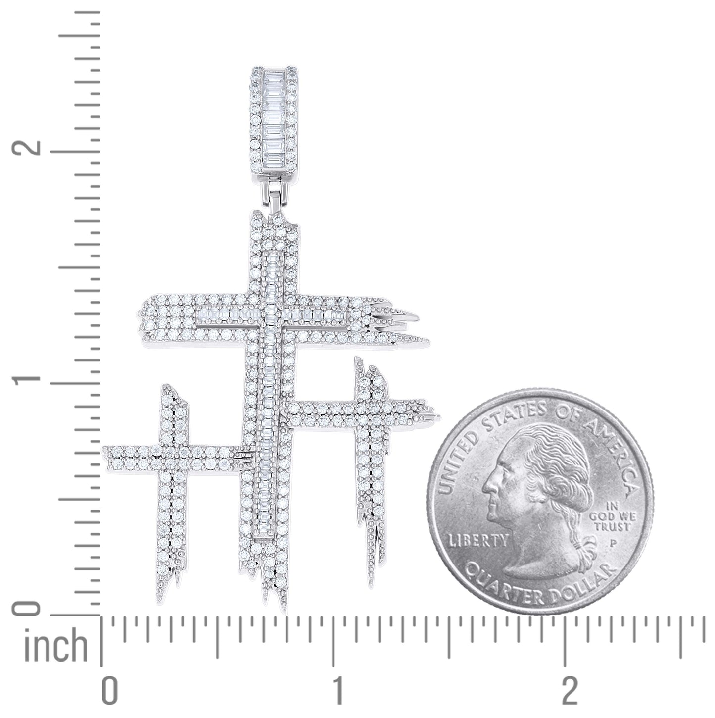 Sterling Silver Mens Round Baguette Moissanite Triple Cross Religious Charm Pendant