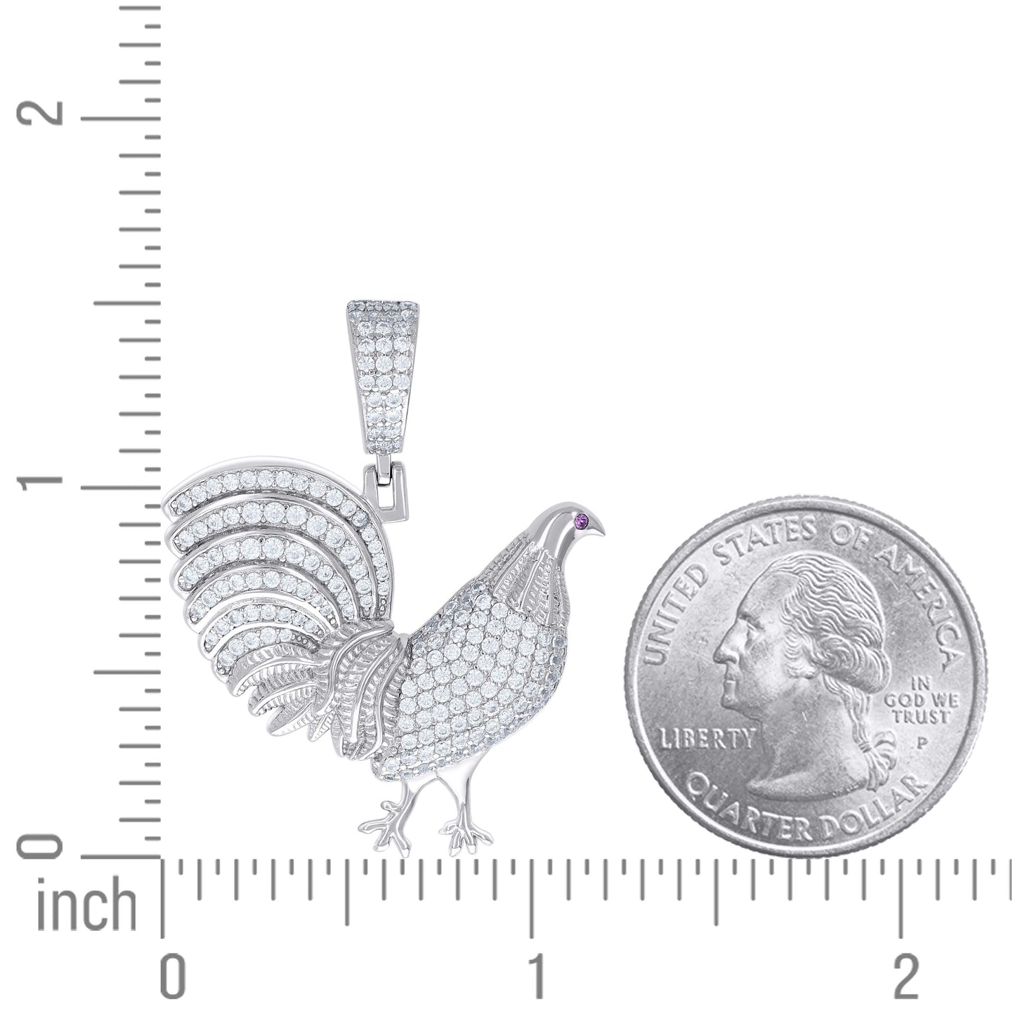 Sterling Silver Mens Round Moissanite Rooster Ground Bird Wildlife Charm Pendant