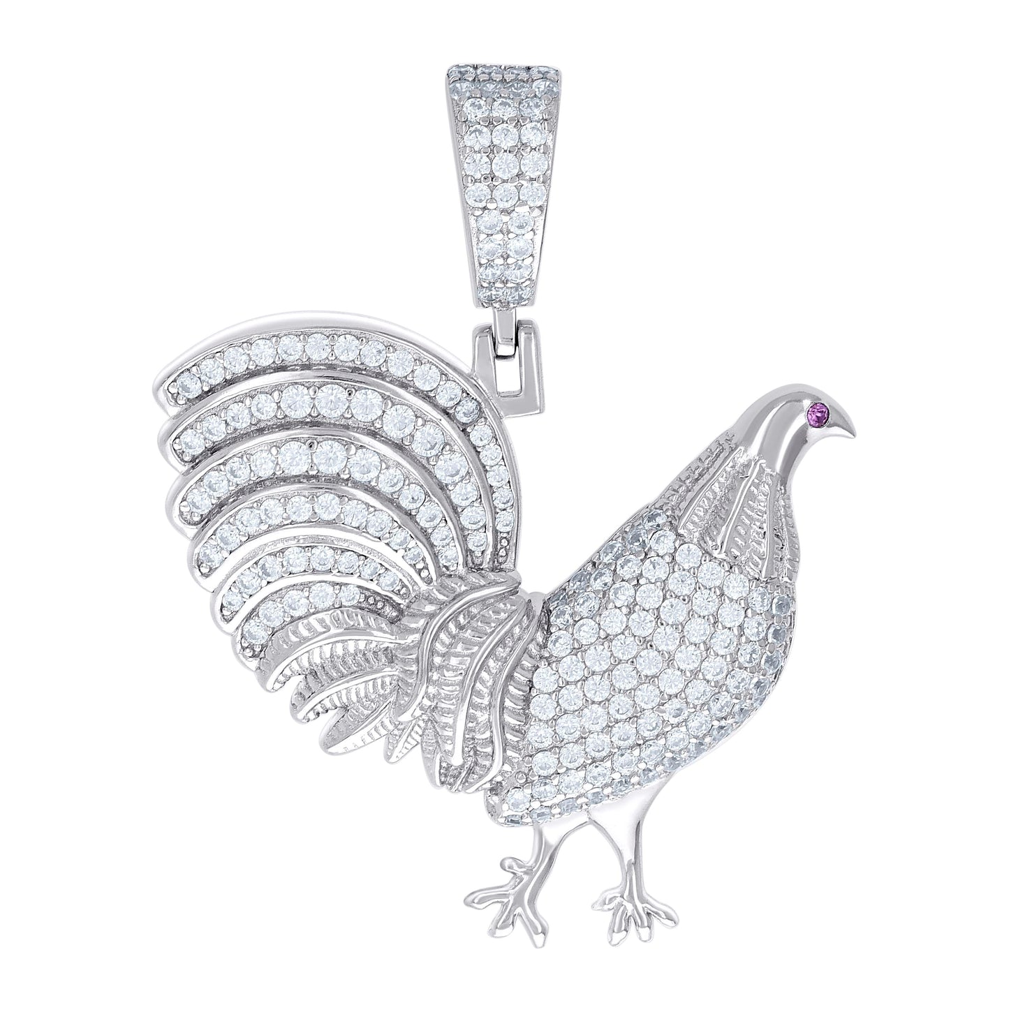 Sterling Silver Mens Round Moissanite Rooster Ground Bird Wildlife Charm Pendant