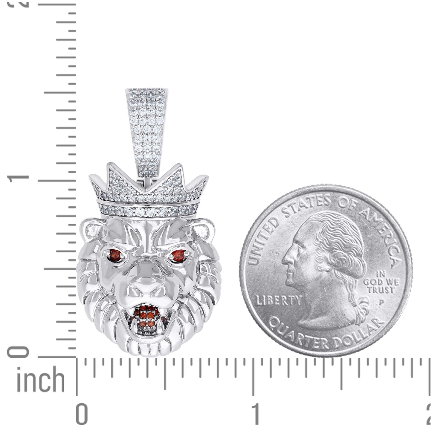 Sterling Silver Mens White Red Moissanite Leo/Lion Head Wildlife Charm Pendant