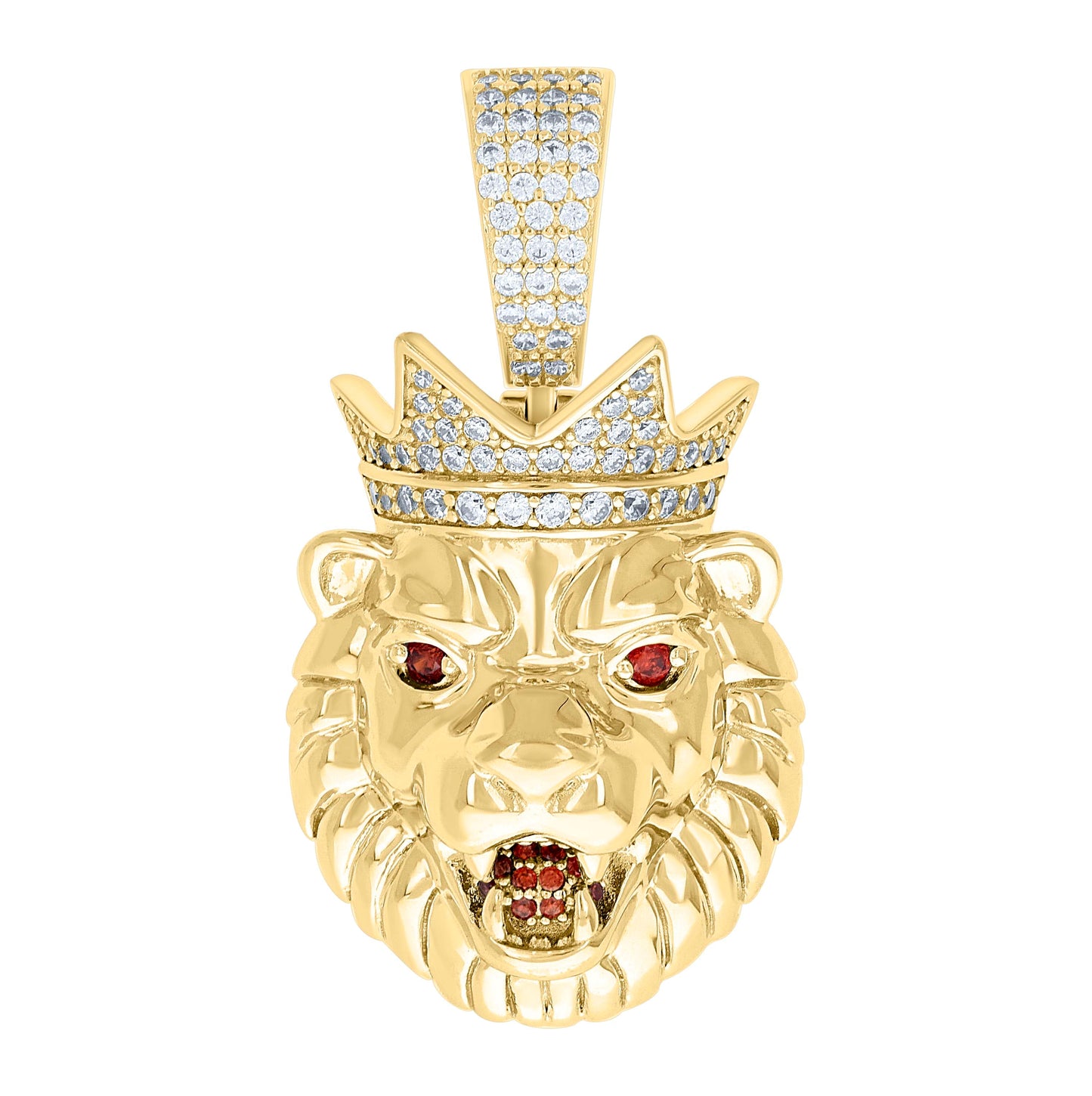 Sterling Silver Mens White Red Moissanite Leo/Lion Head Wildlife Charm Pendant