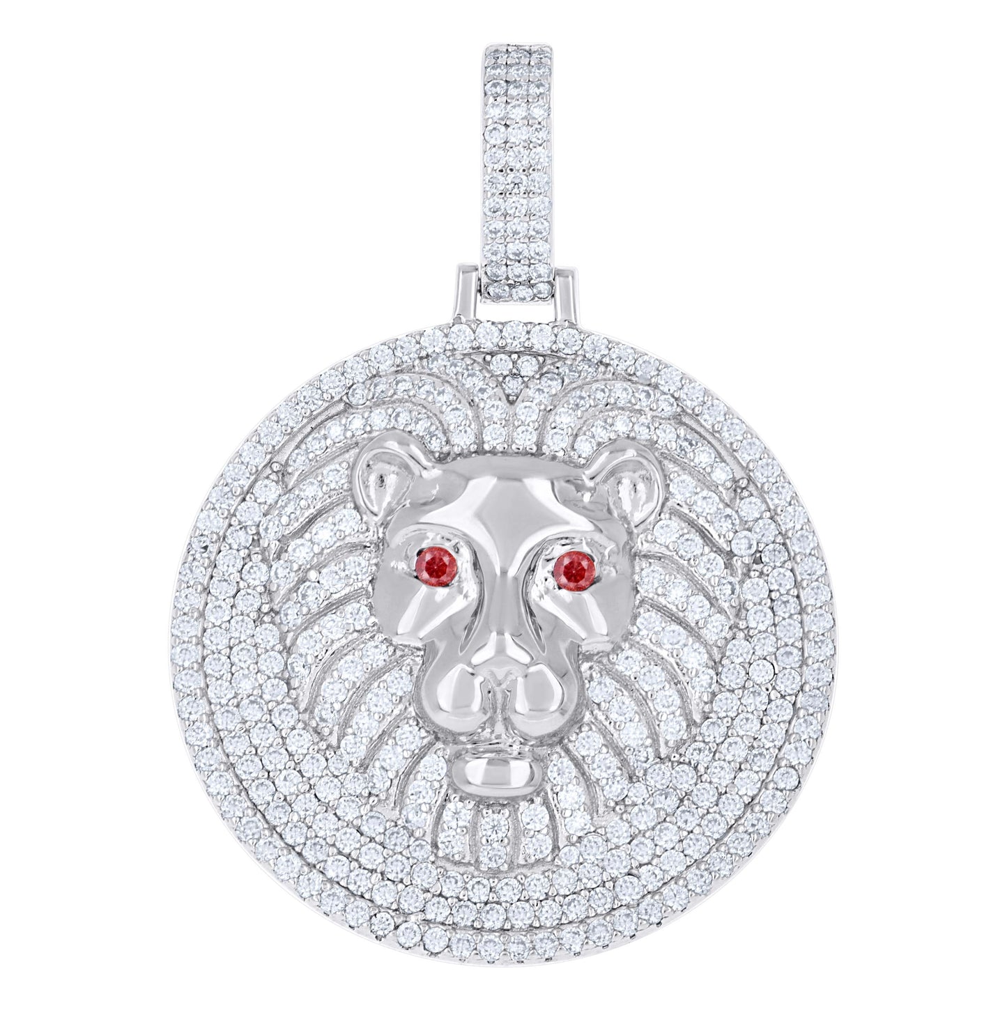 Sterling Silver Mens White Red Moissanite Leo/Lion Head Wildlife Charm Pendant