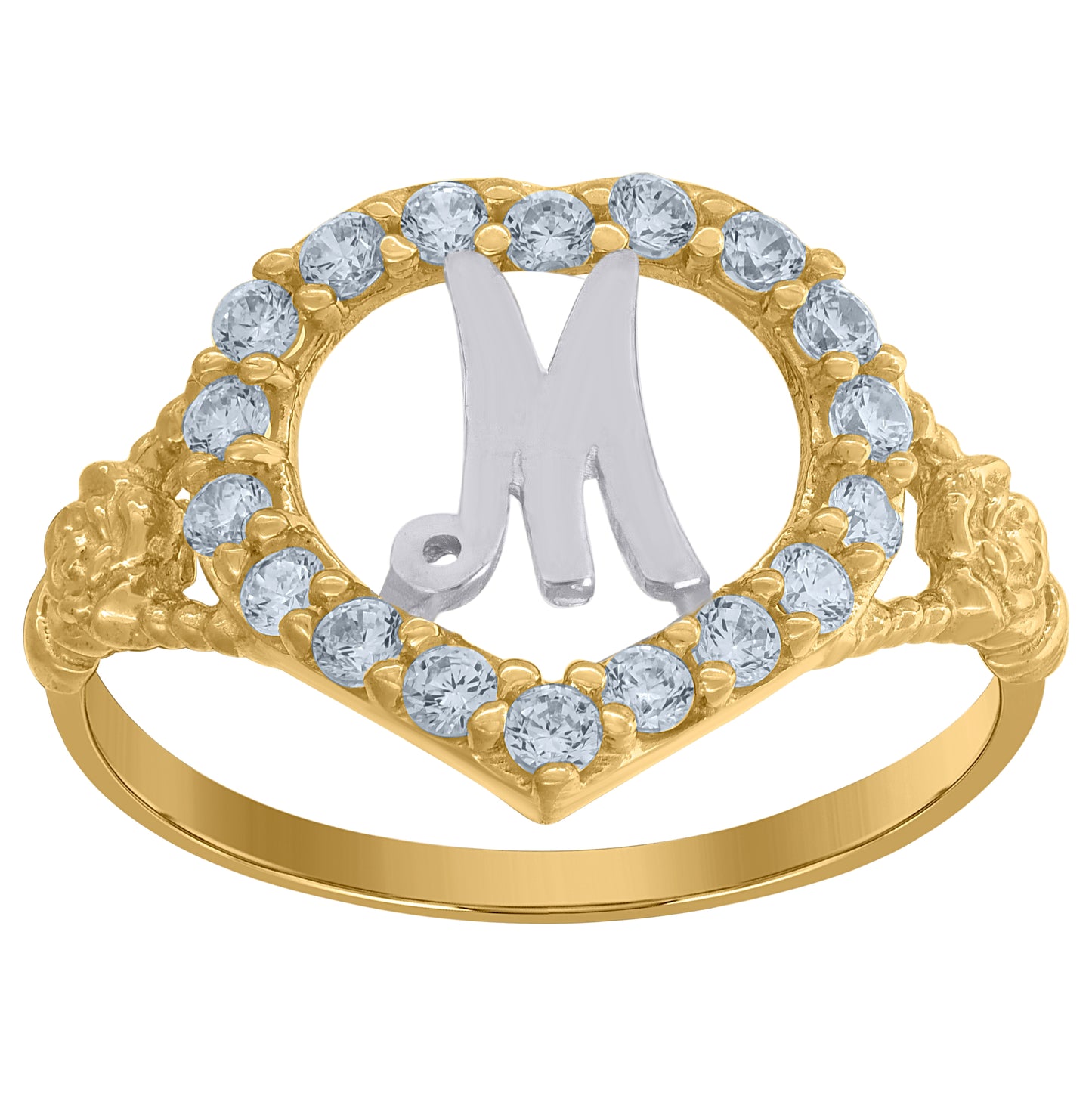 10K Two-Tone Gold Womens Cubic Zirconia Polished Finish Heart Shape Letter Initial Bridal Anniversary Engagement Wedding Ring