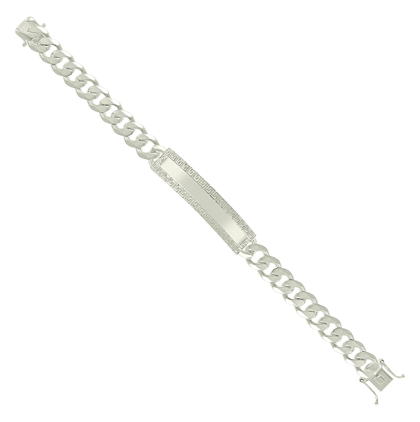 Sterling Silver Mens Cuban Link Greek Key ID Bracelet Size 8 Inches