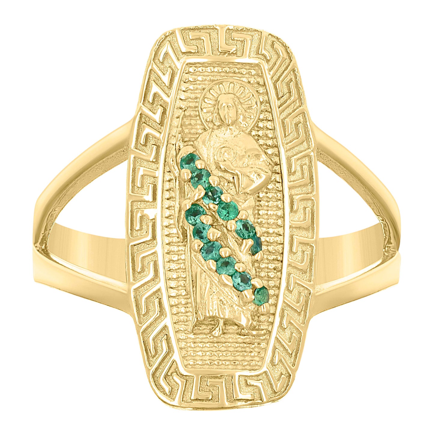 10K Yellow Gold Womens Green Cubic-Zirconia St. Jude Religious Greek Key Patterned Ring