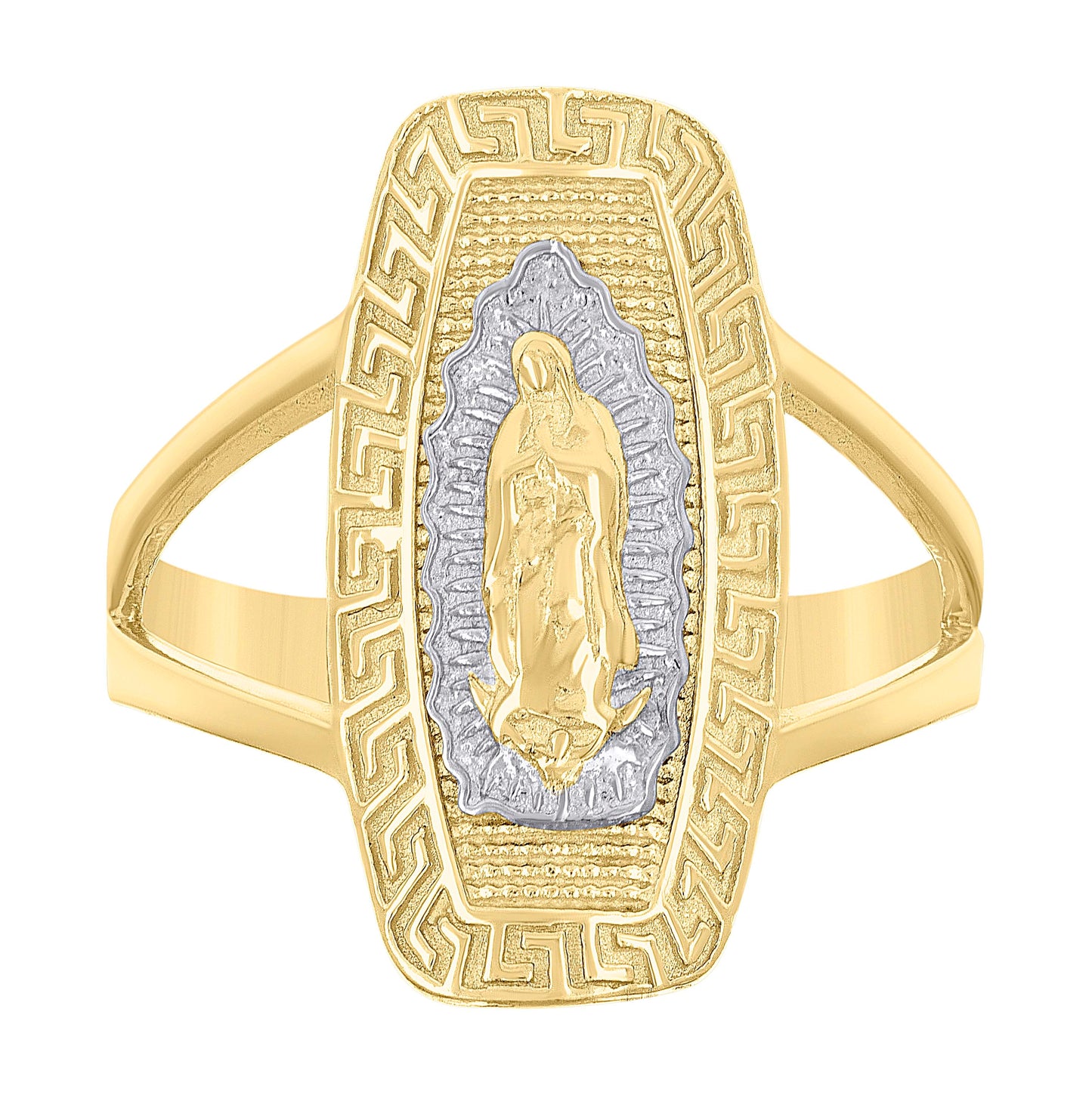 10K Two-tone Gold Womens Greek Key Patterned Guadalupe Religious Ring