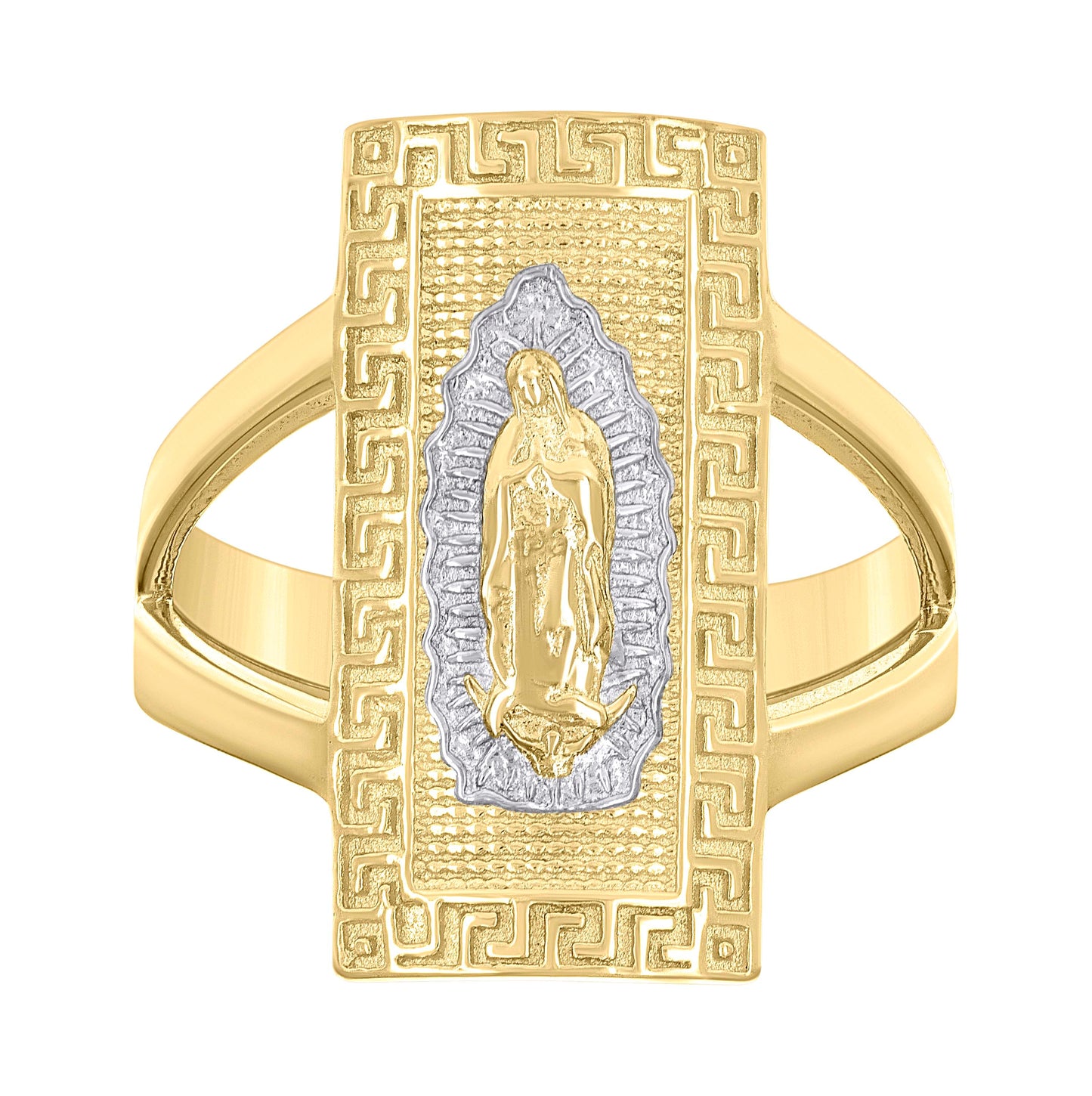10K Two-tone Gold Womens Greek Key Patterned Guadalupe Religious Ring