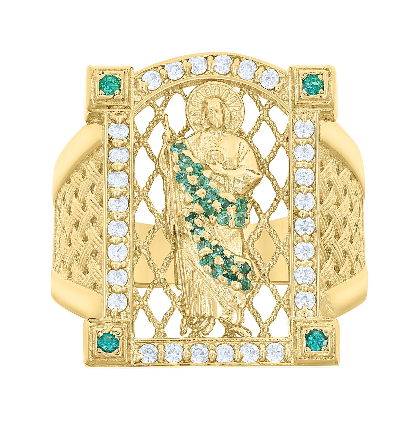 10K Yellow Gold Mens Green White Cubic-Zirconia St. Jude Religious Ring