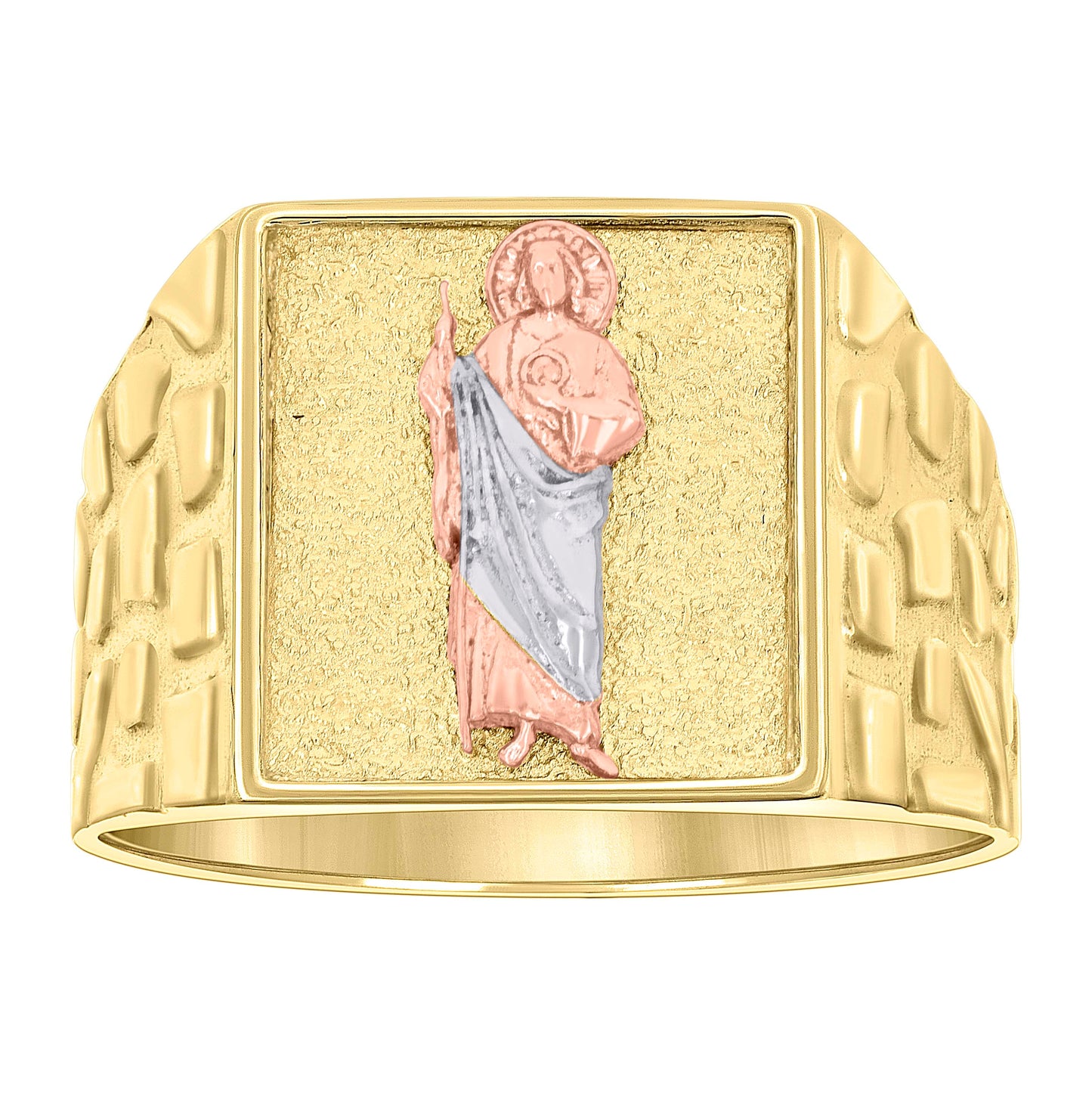 10K Tri-Color Gold Mens St. Jude Religious Square Head Nugget Ring