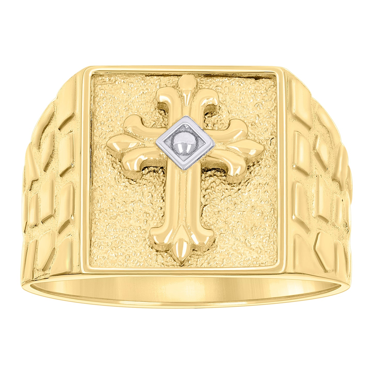 10K Two-tone Gold Mens Cross Religious Square Head Nugget Ring