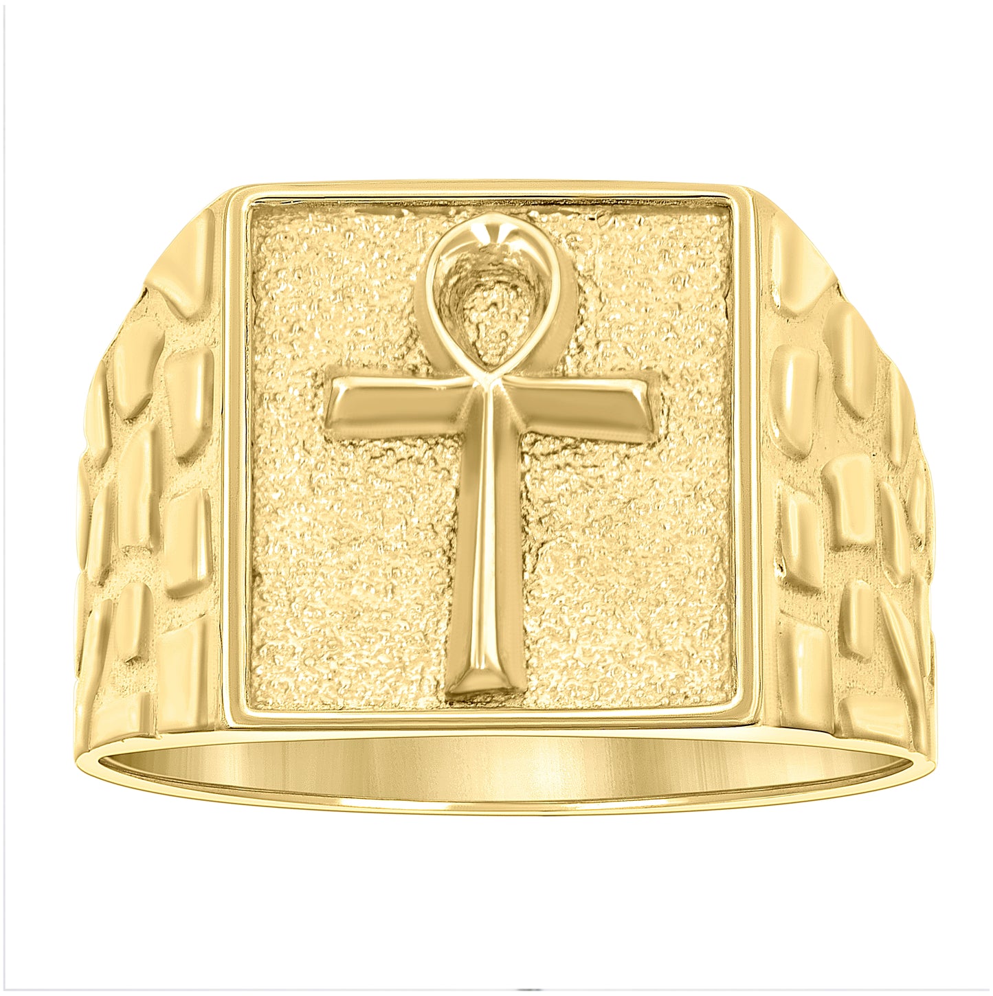 10K Yellow Gold Mens Egyptian Ankh Cross Religious Square Head Nugget Ring