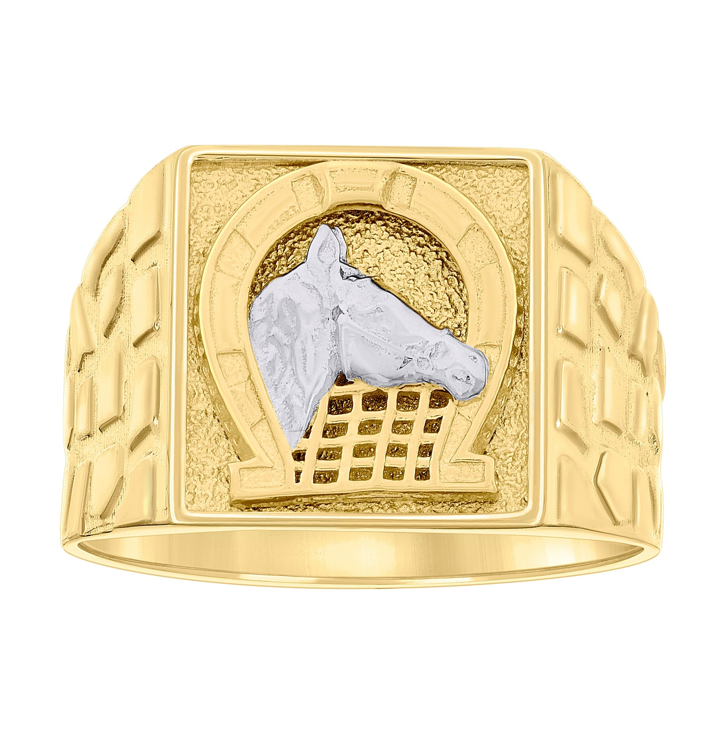 10K Two-tone Gold Mens Horse Head Horseshoe Good Luck Square Head Nugget Ring