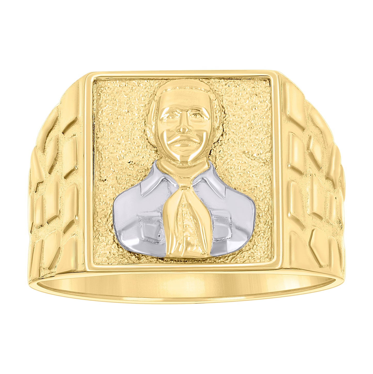 10K Two-tone Gold Mens St. Jesús Malverde Religious Square Head Nugget Ring