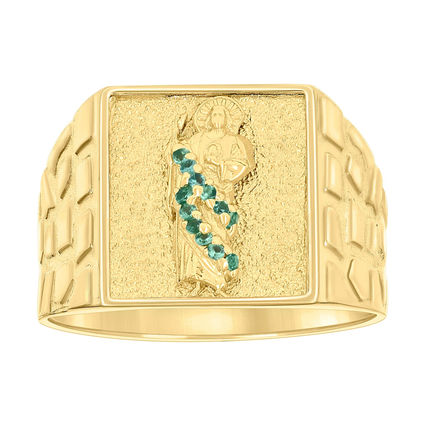 10K Yellow Gold Mens Green Cubic-Zirconia St. Jude Religious Square Head Nugget Ring