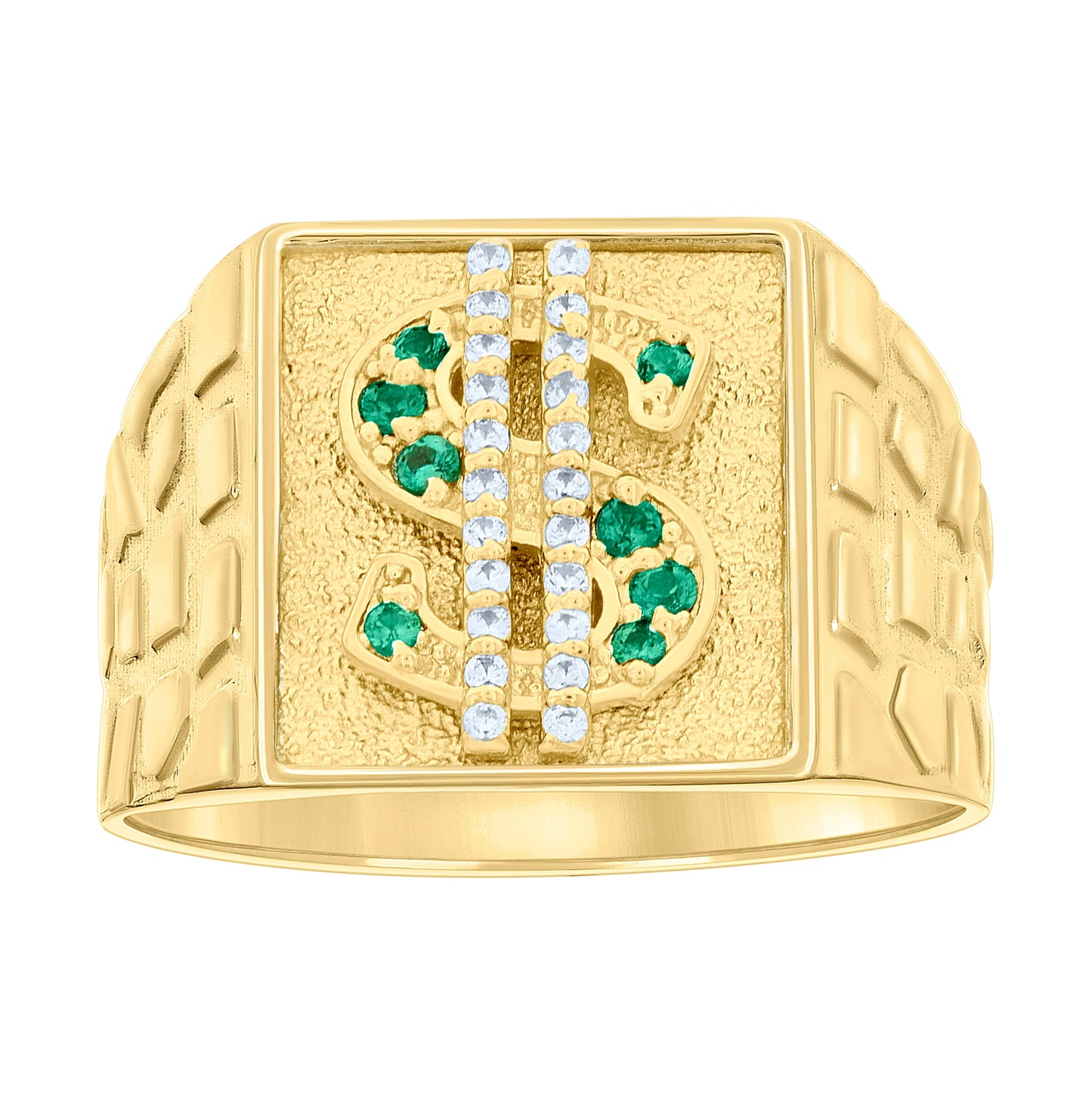 10K Yellow Gold Mens Green White Cubic-Zirconia Square Head Dollar Sign Currency Nugget Ring