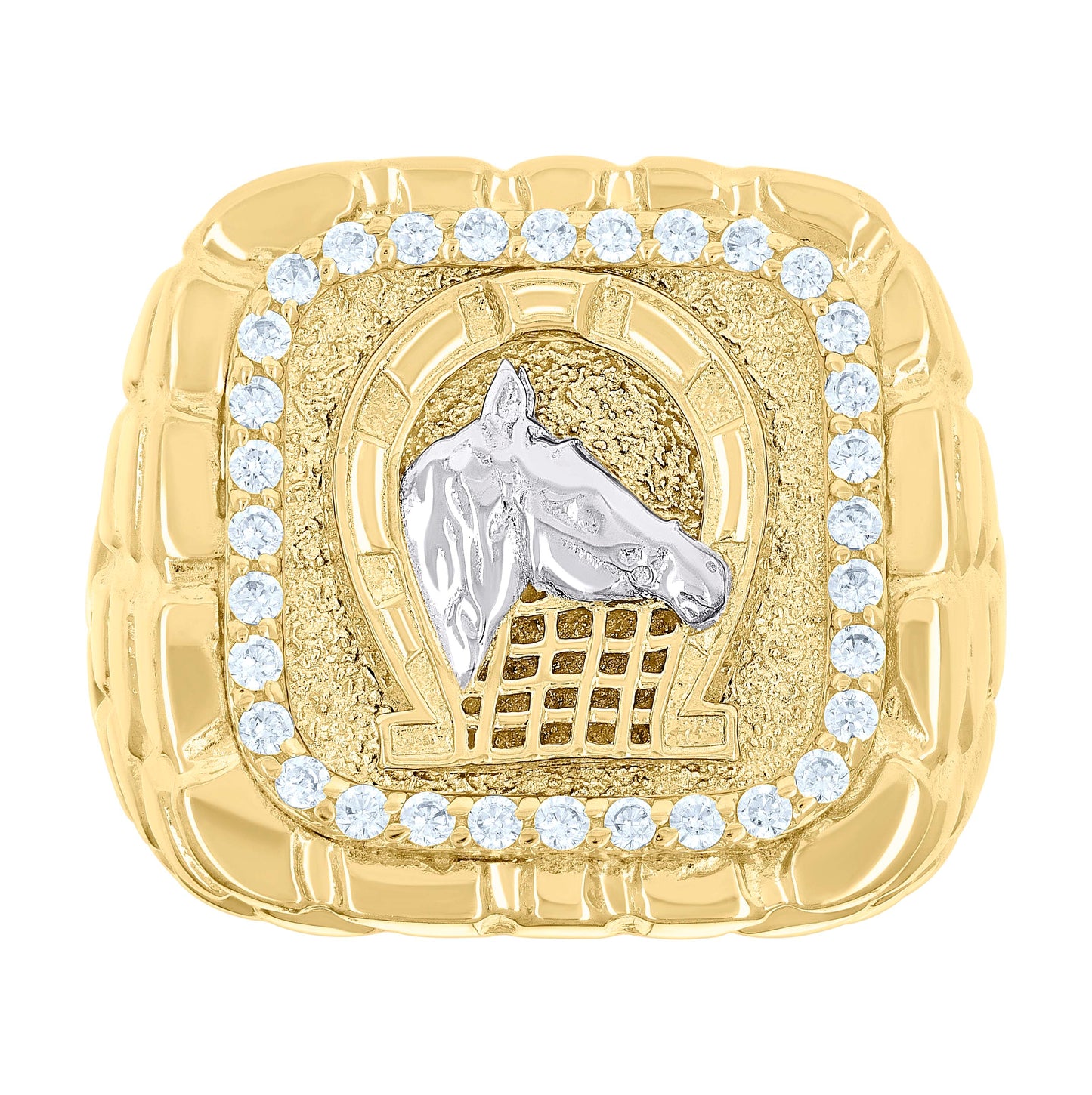 10K Two-tone Gold Mens Cubic-Zirconia Horse Head Horseshoe Good Luck Square Head Nugget Ring