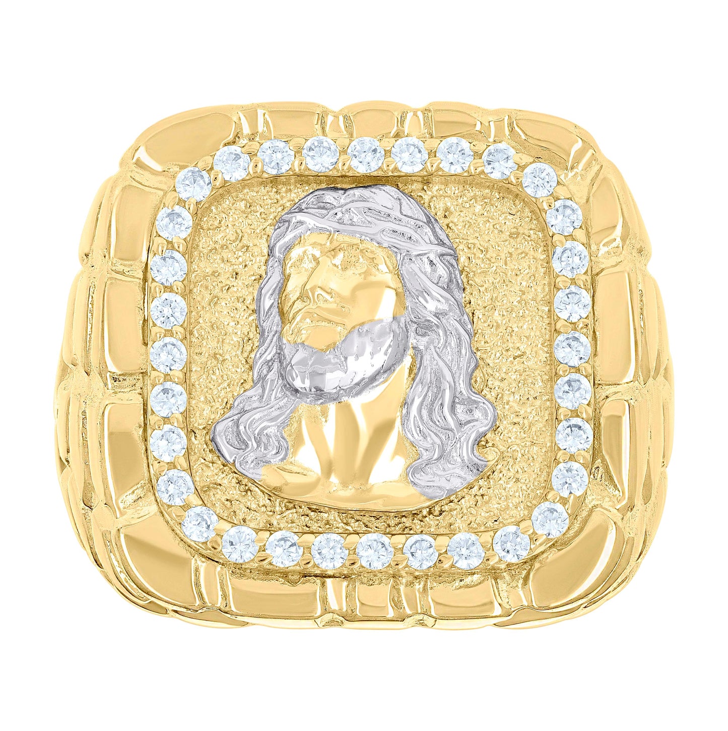 10K Two-tone Gold Mens Cubic-Zirconia Square Head Jesus Religious Nugget Ring