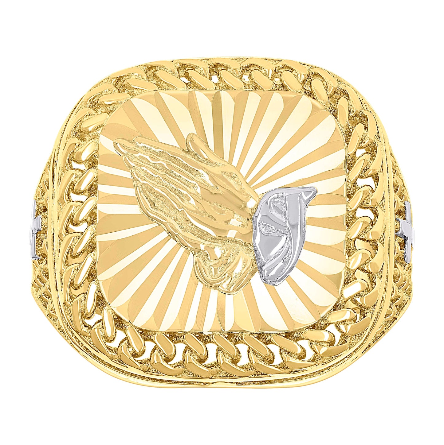 10K Two-tone Gold Mens Praying Hands Symbol Religious Square Head Cuban Border Ring