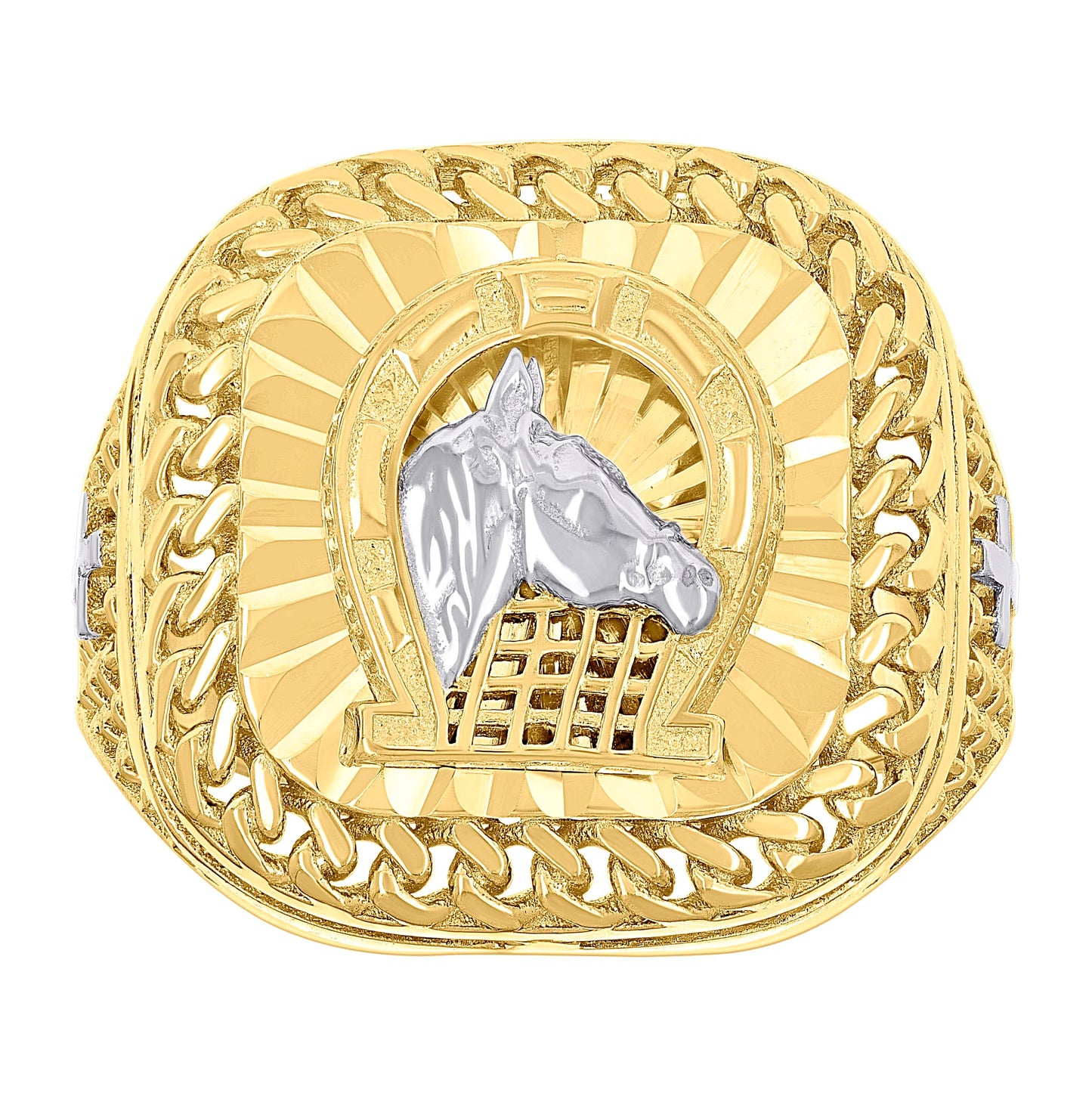10K Two-tone Gold Mens Horse Head Horseshoe Good Luck Square Head Cuban Border Ring