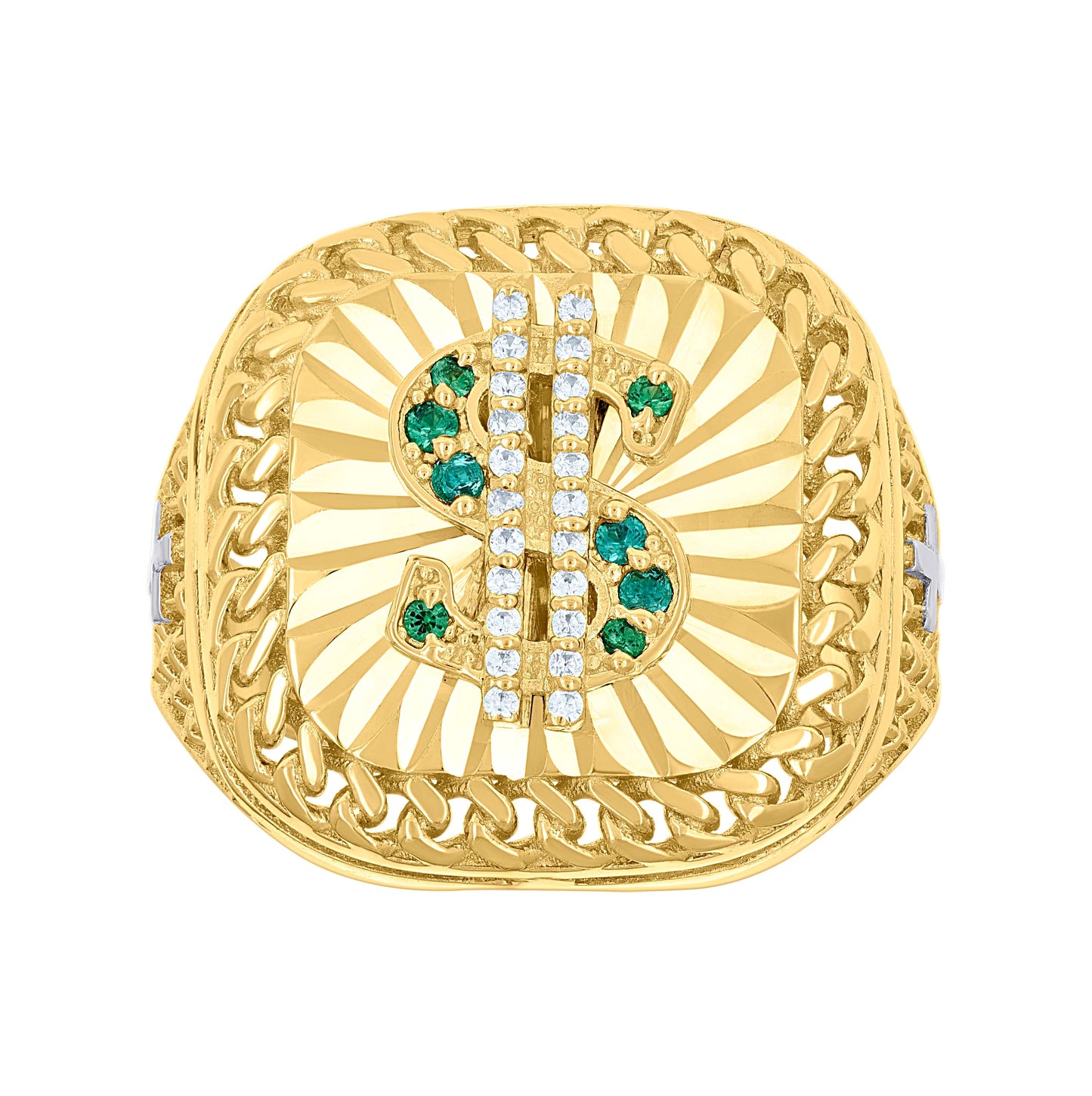 10K Two-tone Gold Mens Green White Cubic-Zirconia Square Head Dollar Sign Currency Cuban Border Ring
