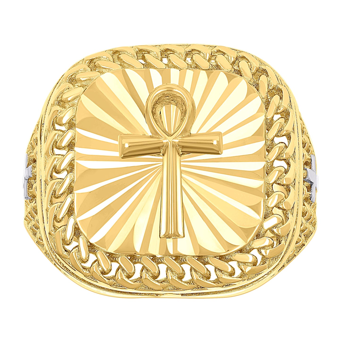 10K Two-tone Gold Mens Egyptian Ankh Cross Religious Square Head Cuban Border Ring