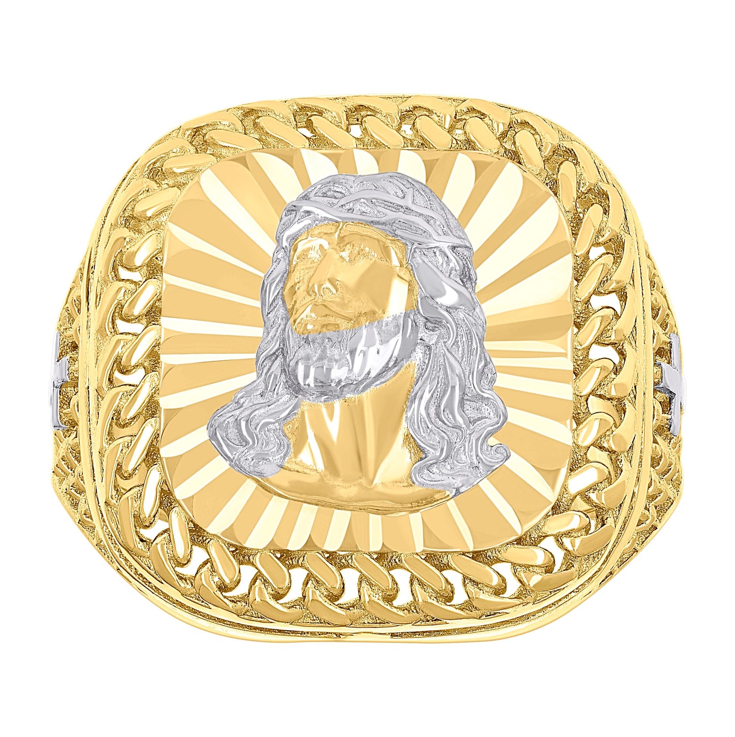 10K Two-tone Gold Mens Square Head Jesus Religious Cuban Border Ring