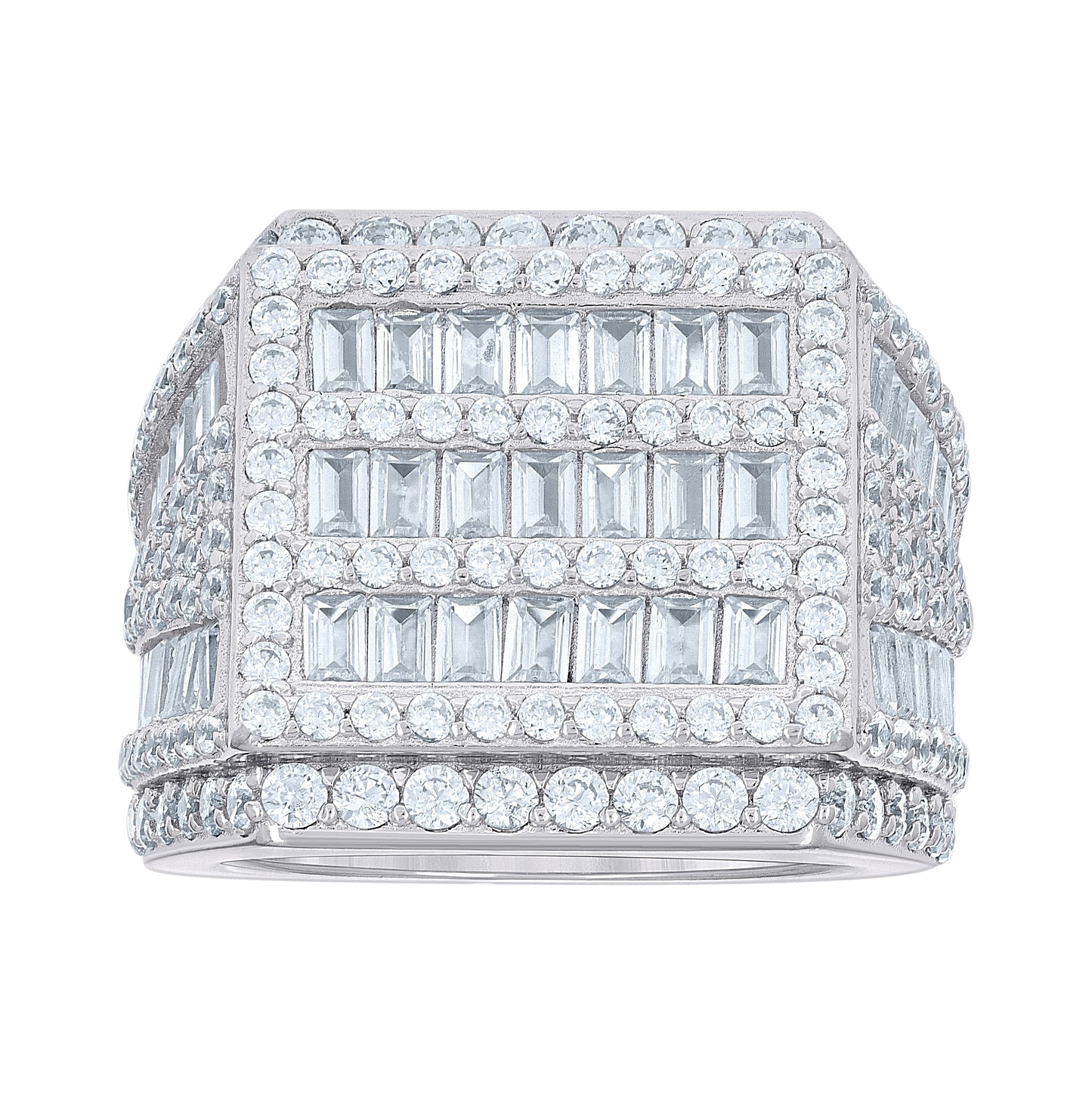 Sterling Silver Men's Baguette Round Cubic-Zirconia Square Head Fashion Bridal Anniversary Wedding Engagement Band Ring