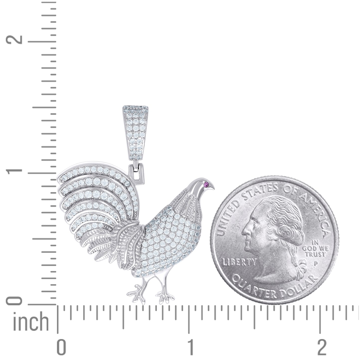 Sterling Silver Mens White Pink Cubic-Zirconia Rooster Ground Bird Wildlife Pendant