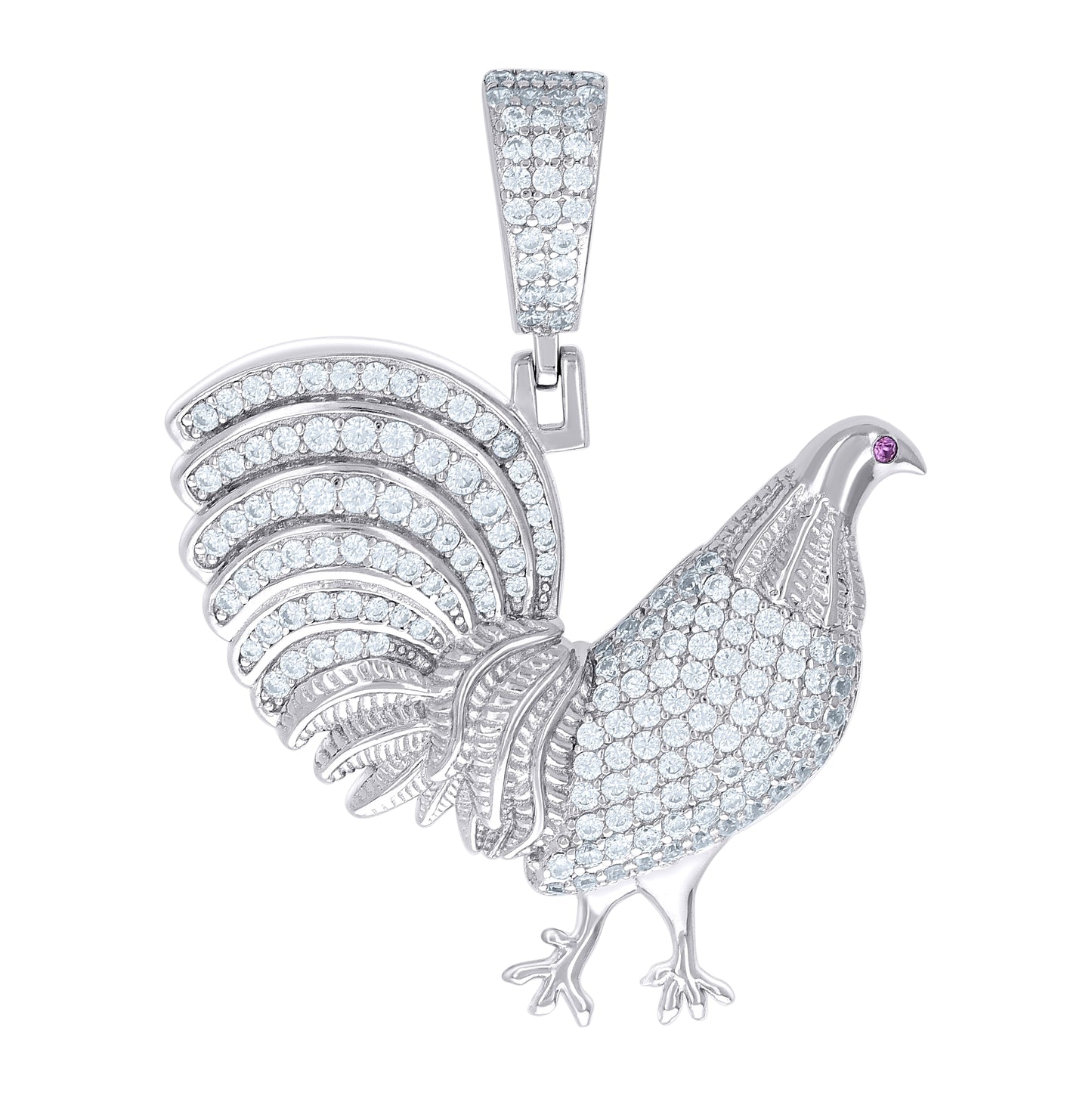Sterling Silver Mens White Pink Cubic-Zirconia Rooster Ground Bird Wildlife Pendant
