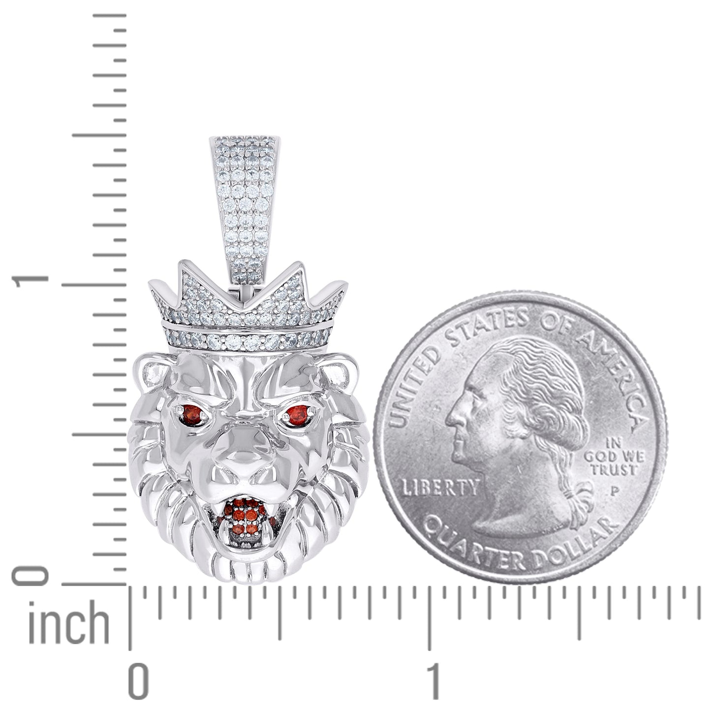 Sterling Silver Mens White Red Cubic-Zirconia Lion Head Animal Wildlife Pendant