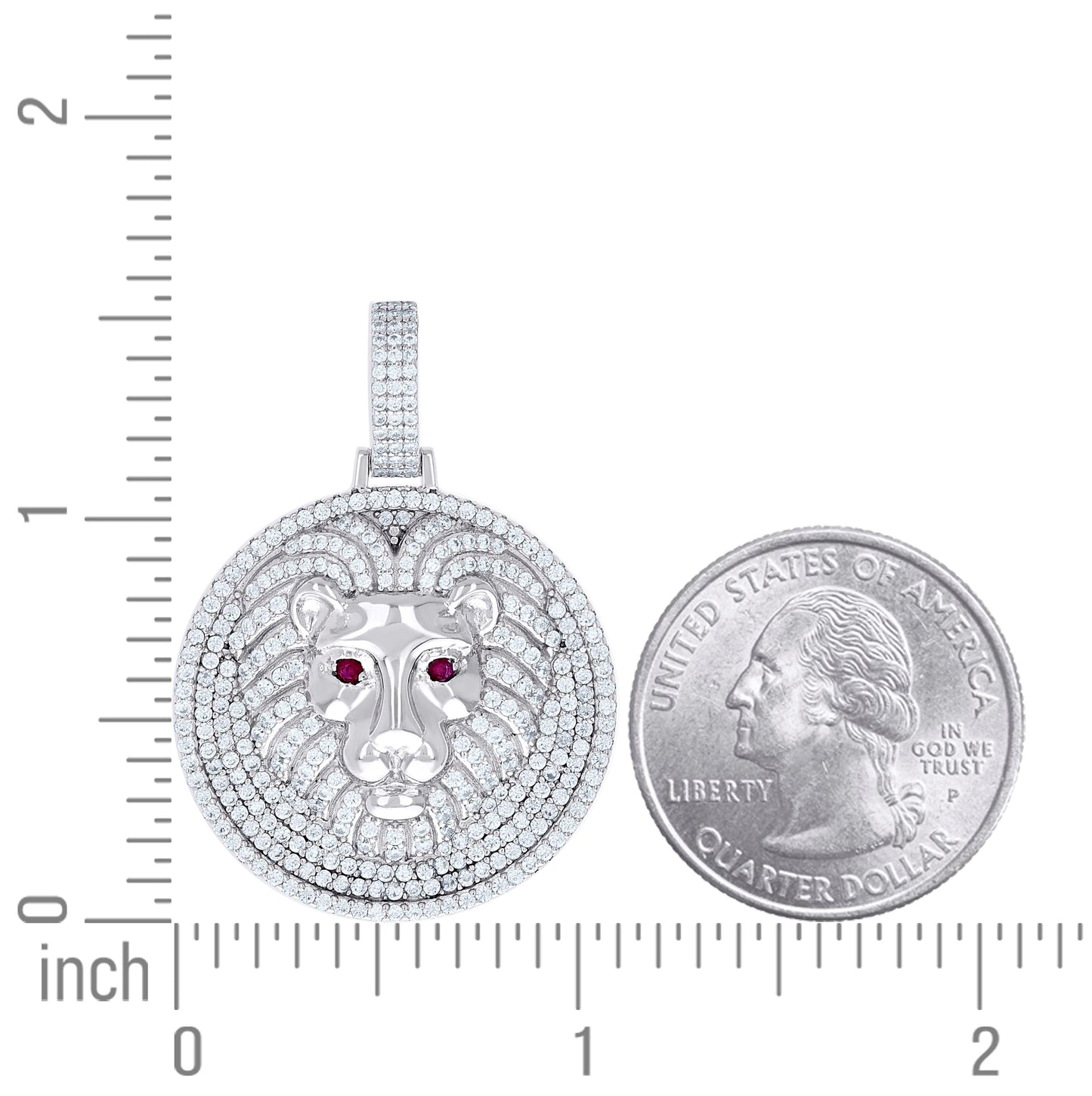 Sterling Silver Mens White Red Cubic-Zirconia Lion Head Animal Wildlife Pendant