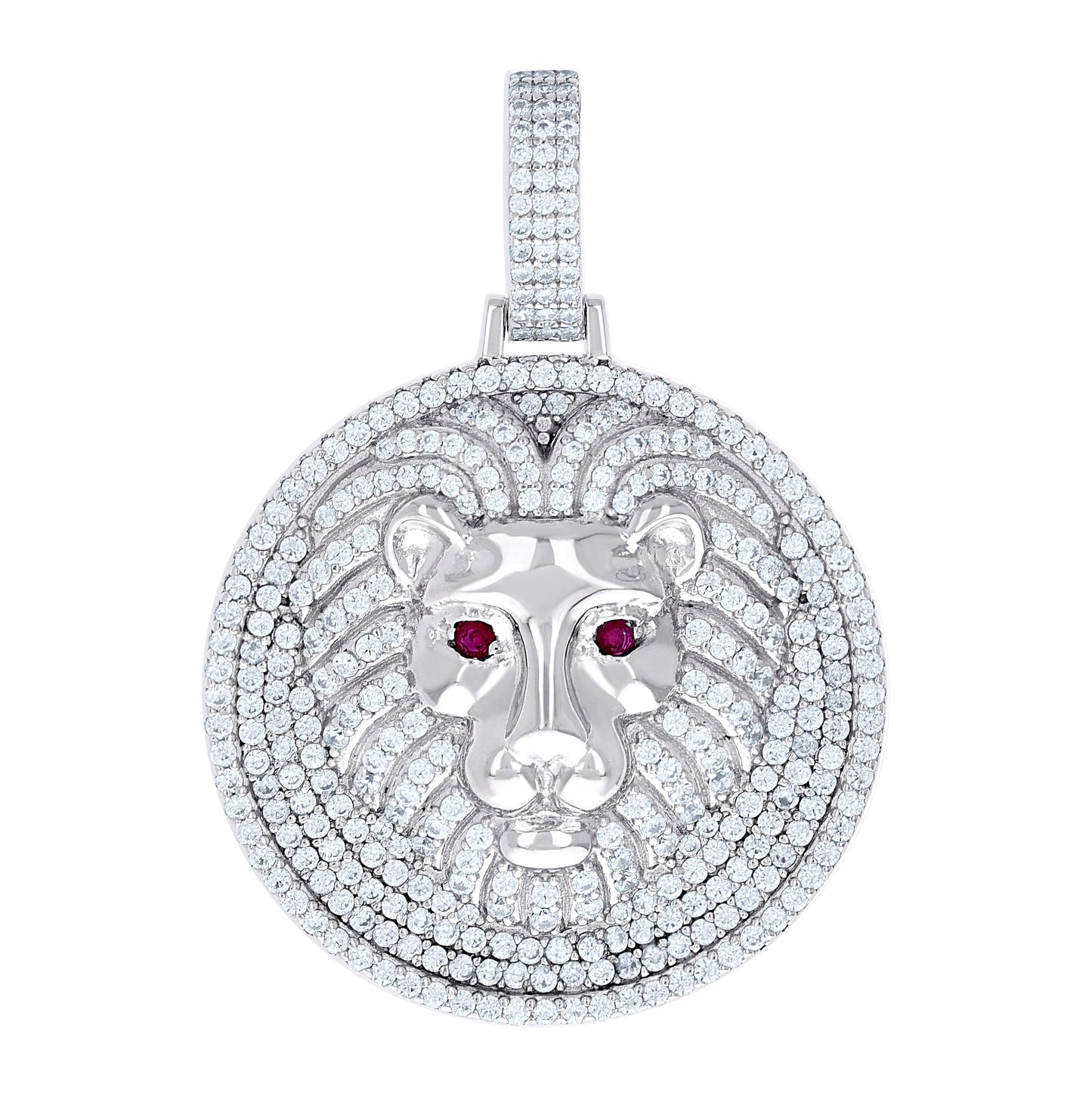 Sterling Silver Mens White Red Cubic-Zirconia Lion Head Animal Wildlife Pendant