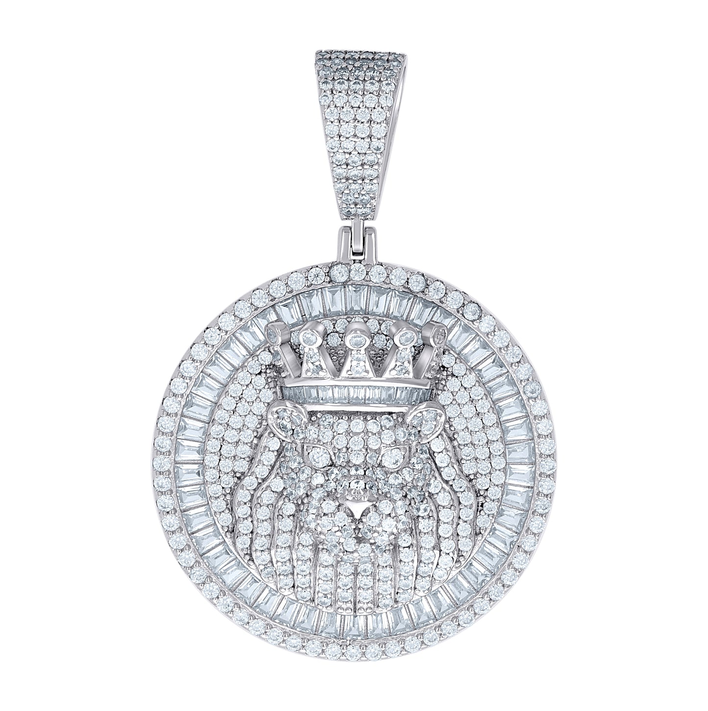 Sterling Silver Mens Round Baguette Cubic-Zirconia Leo/Lion Head Zodiac Sign/Wildlife Pendant