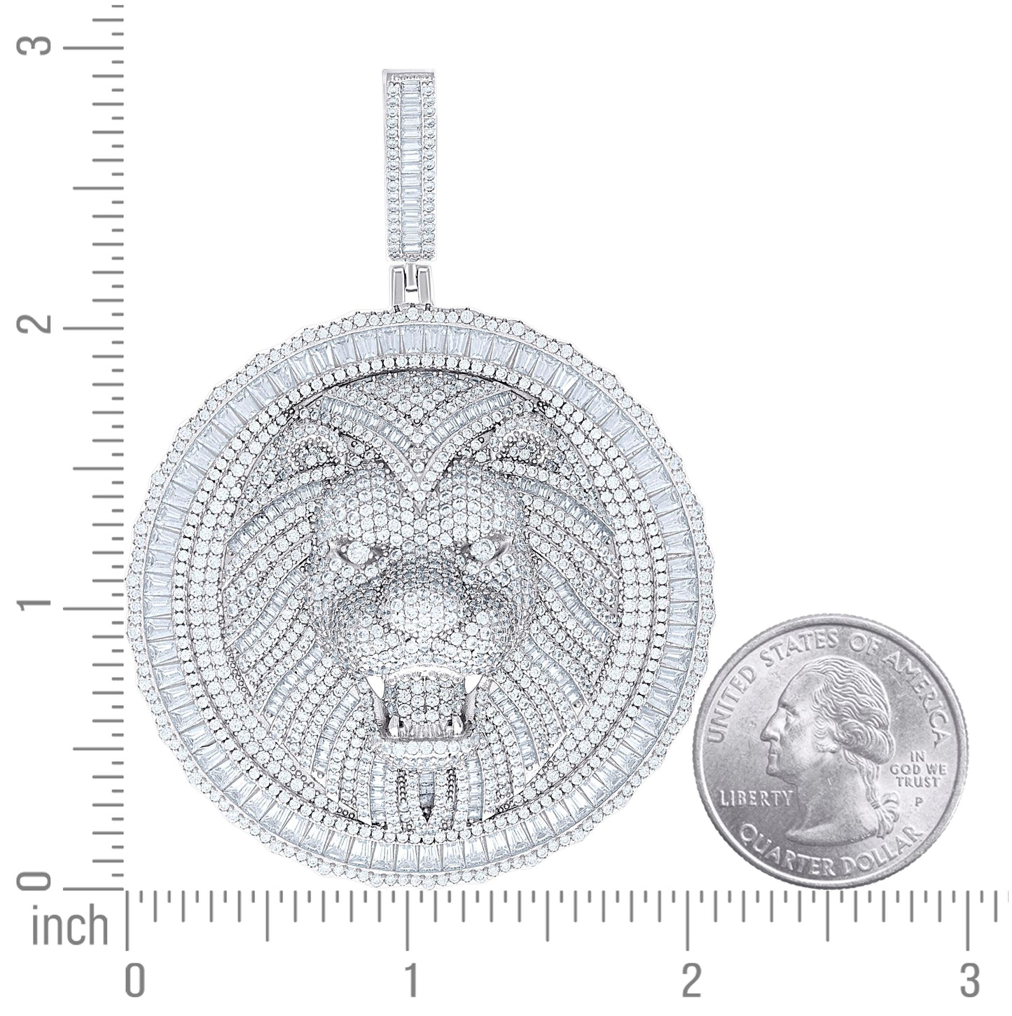Sterling Silver Mens Round Baguette Cubic-Zirconia Lion Head Animal Wildlife Pendant