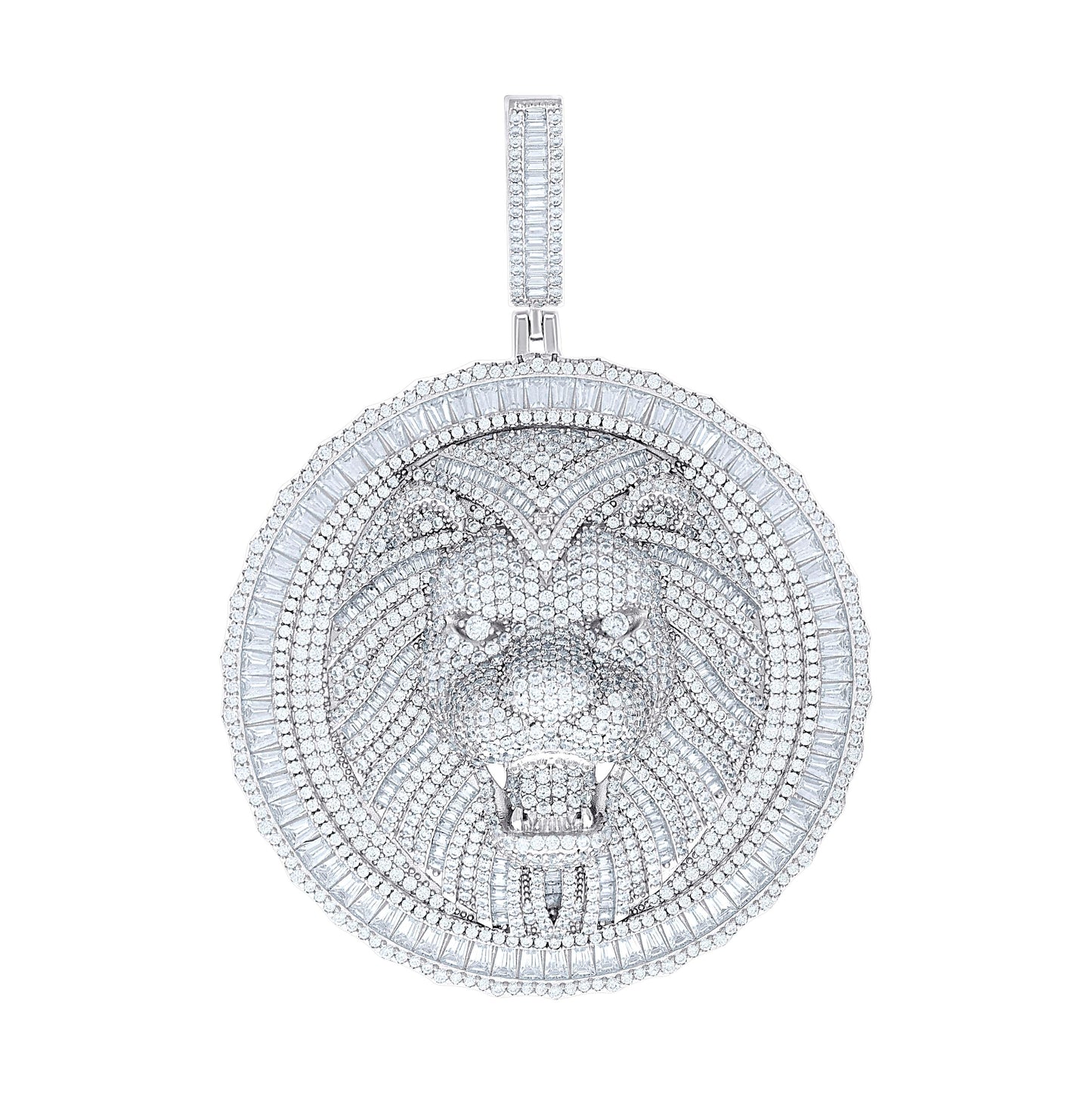 Sterling Silver Mens Round Baguette Cubic-Zirconia Lion Head Animal Wildlife Pendant
