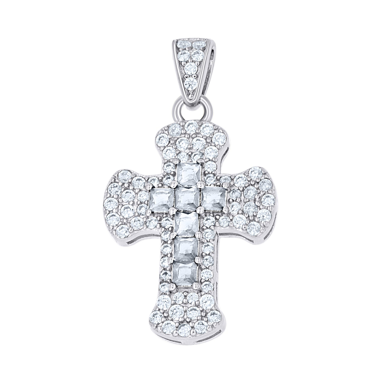 Sterling Silver Womens Blue White Princess-Cut Round Cubic-Zirconia Cross Religious Pendant
